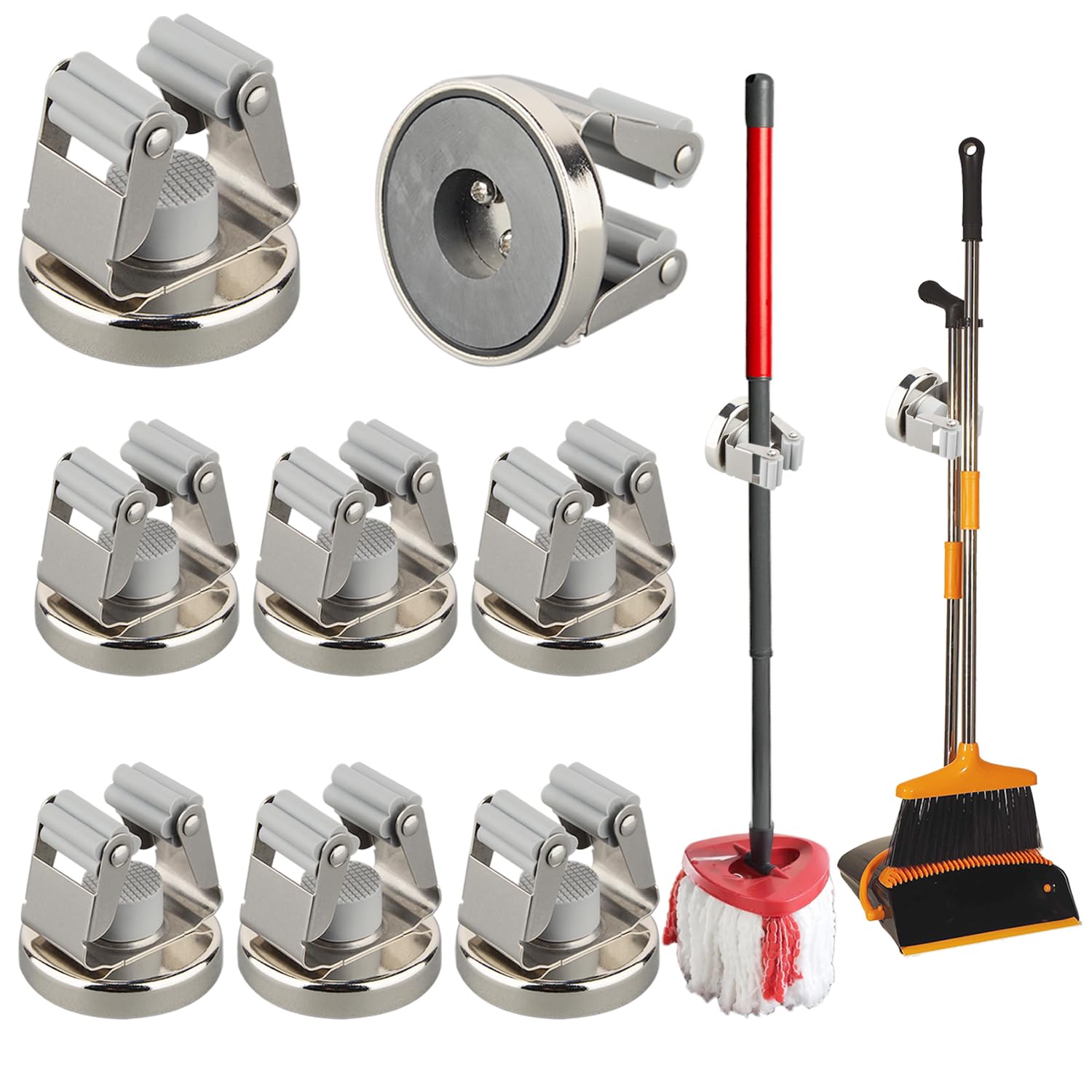 MUTUACTOR ほうきホルダー 強力マグネットほうきとモップクリップ ユニバーサルユーティリティフック クリーニングツール収納用 壊れにくい 高耐久 調節可能 磁気ツールホルダー ガレージ地下室用