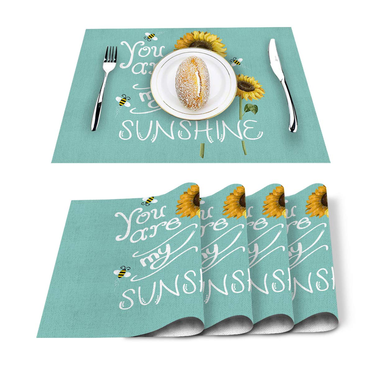 FaHomeCotton Linen Heat Resistant Placemat Set of 6, Sunflowers and Bees You are My Sunshine Teal Background Washable Non Slip Table Mat for Dining Table Banquet Easy to Clean Home Decor