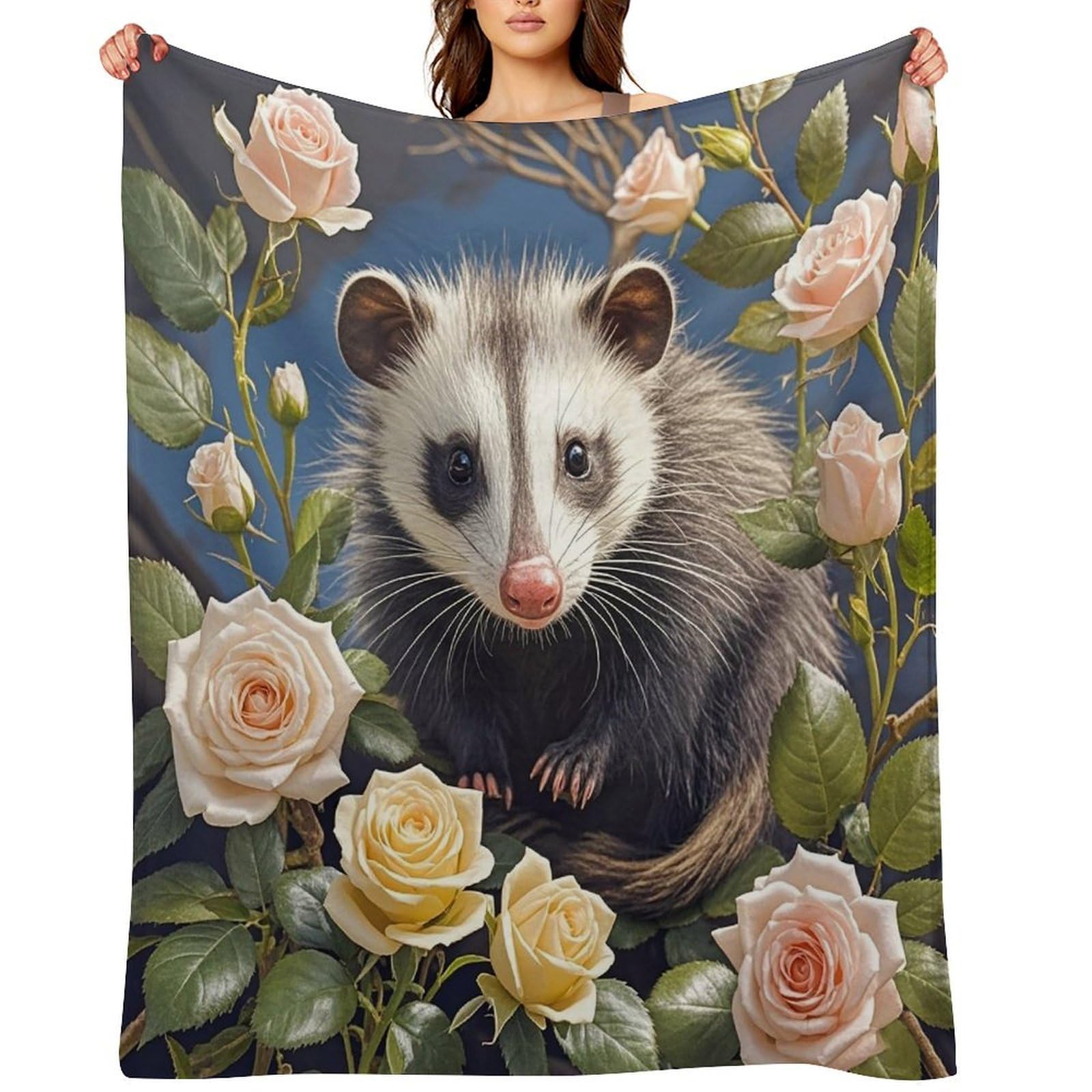 Flannel Opossum and Roses Throw Blanket for Couch Super Soft Fuzzy Cozy Flannel Blankets No Shed No Pilling FAnti-Static Winter Bed Blanket Decorative and Giftable Blankets