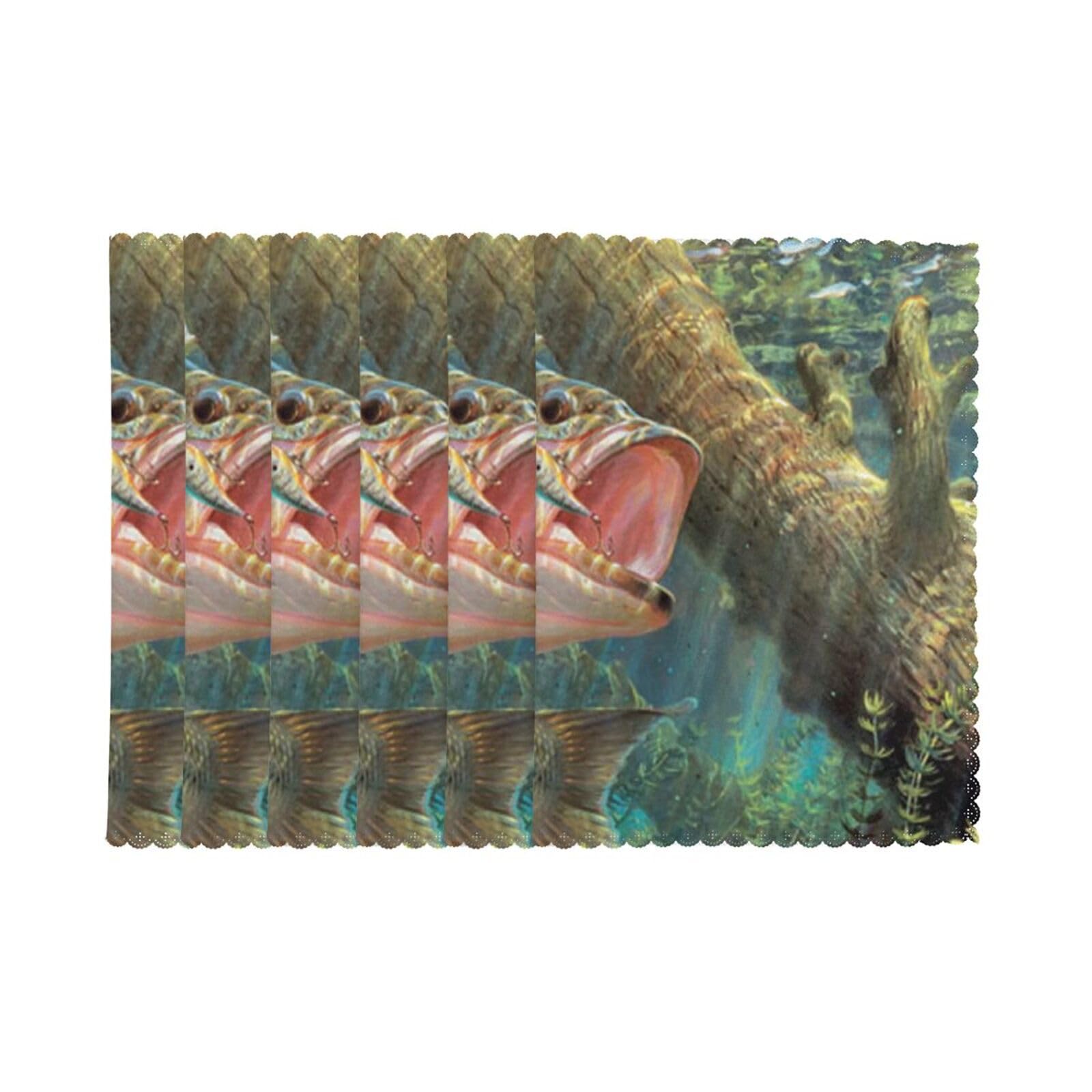6 PCS Heat Resistant Placemat 45x30 CM, Bass Fishing Wave Printed Non-Slip Place Mats for Kitchen Dining Table Indoor Outdoor