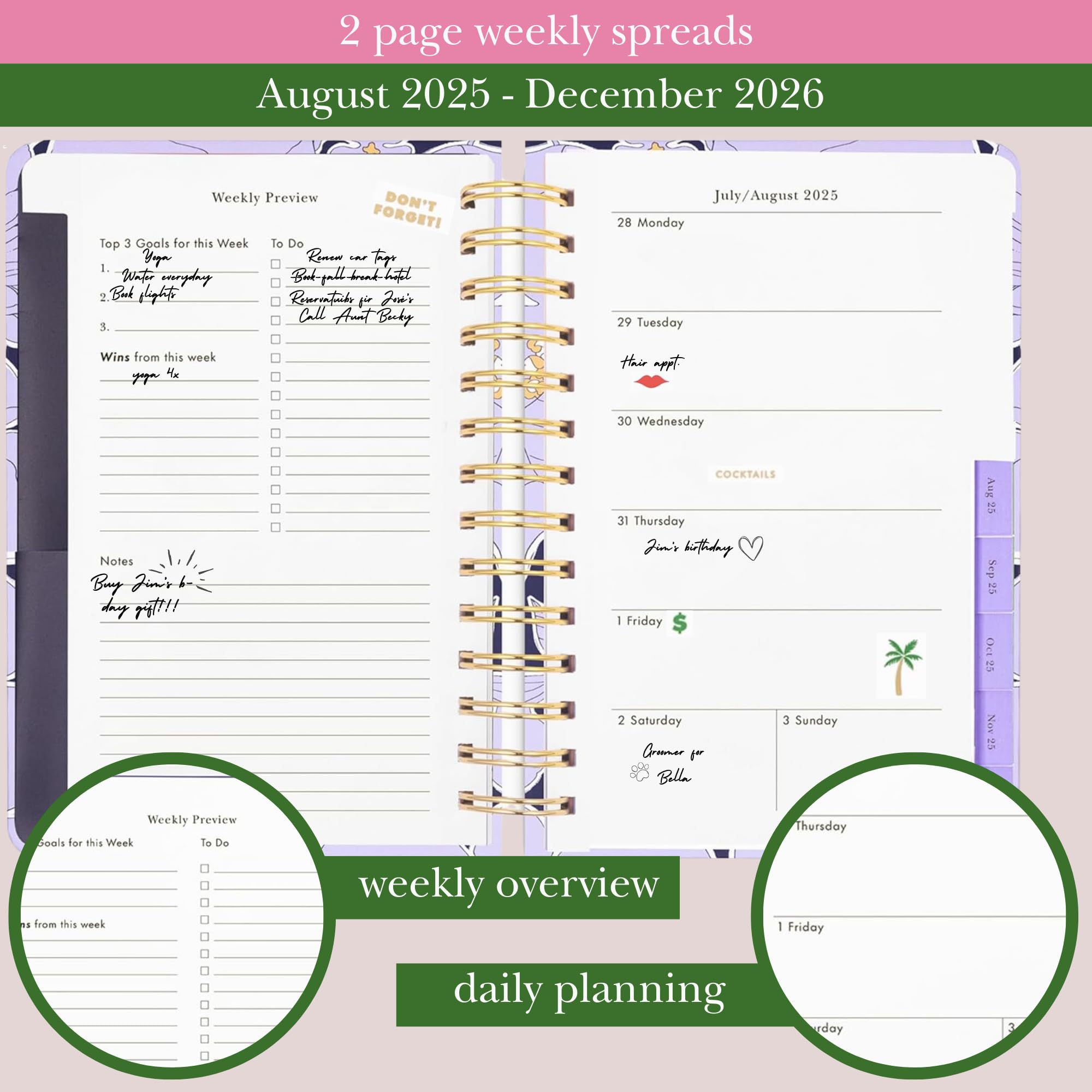 kate spade new york Agenda giornaliera 2025-2026, media, agosto 2025-dicembre 2026, copertina rigida, settimanale e mensile, a spirale, con adesivi (giardino costiero)