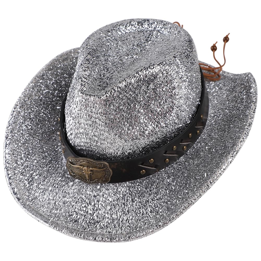 IBLUELOVER Sparkly Cowboy Hat Western Cowgirl Hat Disco Rodeo Hat Fancy Dress Dance Party Hat Novelty Trilby Fedora Hat for Christmas Halloween Birthday Wedding Prom Festival Party