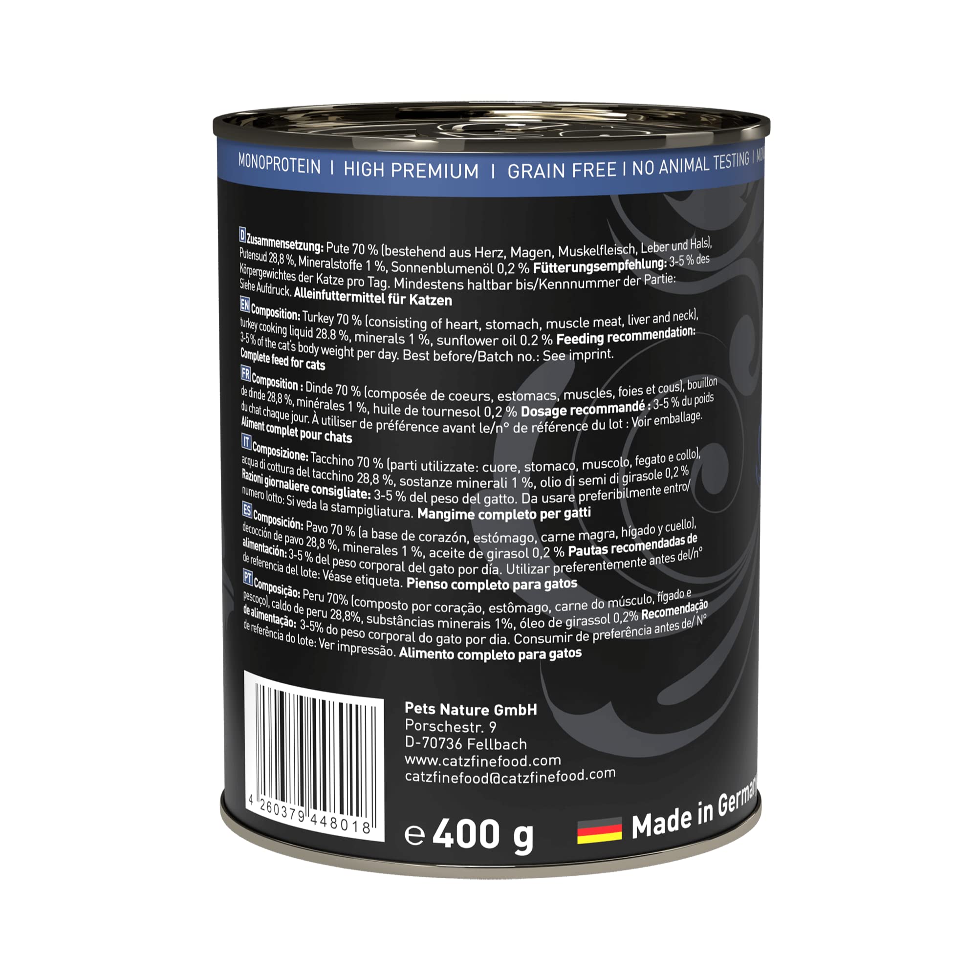 catz finefood Purrrr monoprotein karma dla kotów z indykiem, mokra nr 117, dla kotów wrażliwych na odżywianie, 70% zawartości mięsa, puszka 6 x 400 g