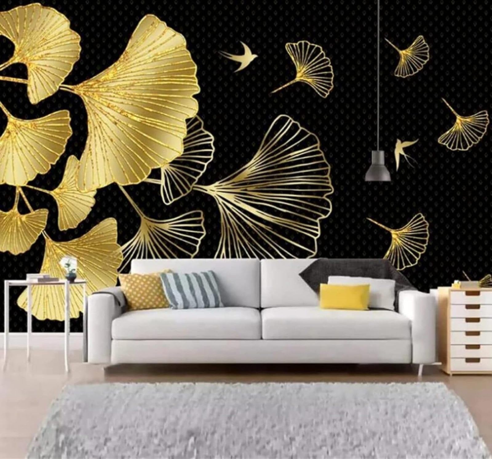 Xlming 350Cm×256Cm(B×H) Minimalist Luxury Gold Ginkgo Leaves Birds 3D Wallpaper Luxury Home Dining Decor Paste Sofa Living Room The Wall For Bedroom Mural-350Cm×256Cm