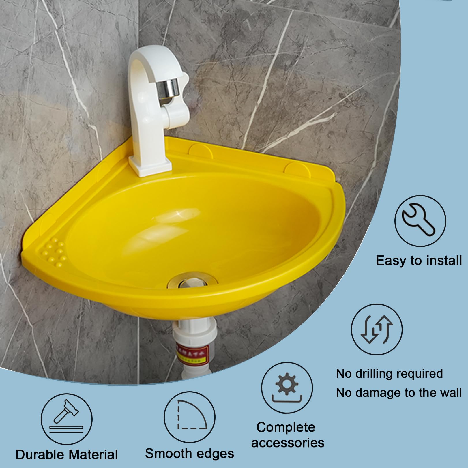 Lavabo de esquina Mural de plástico para Manos, Individual, con grifo, para cocina o baño pequeño. Ideal para autocaravanas, jardines, aseos y guardarropas. Ahorra espacio.