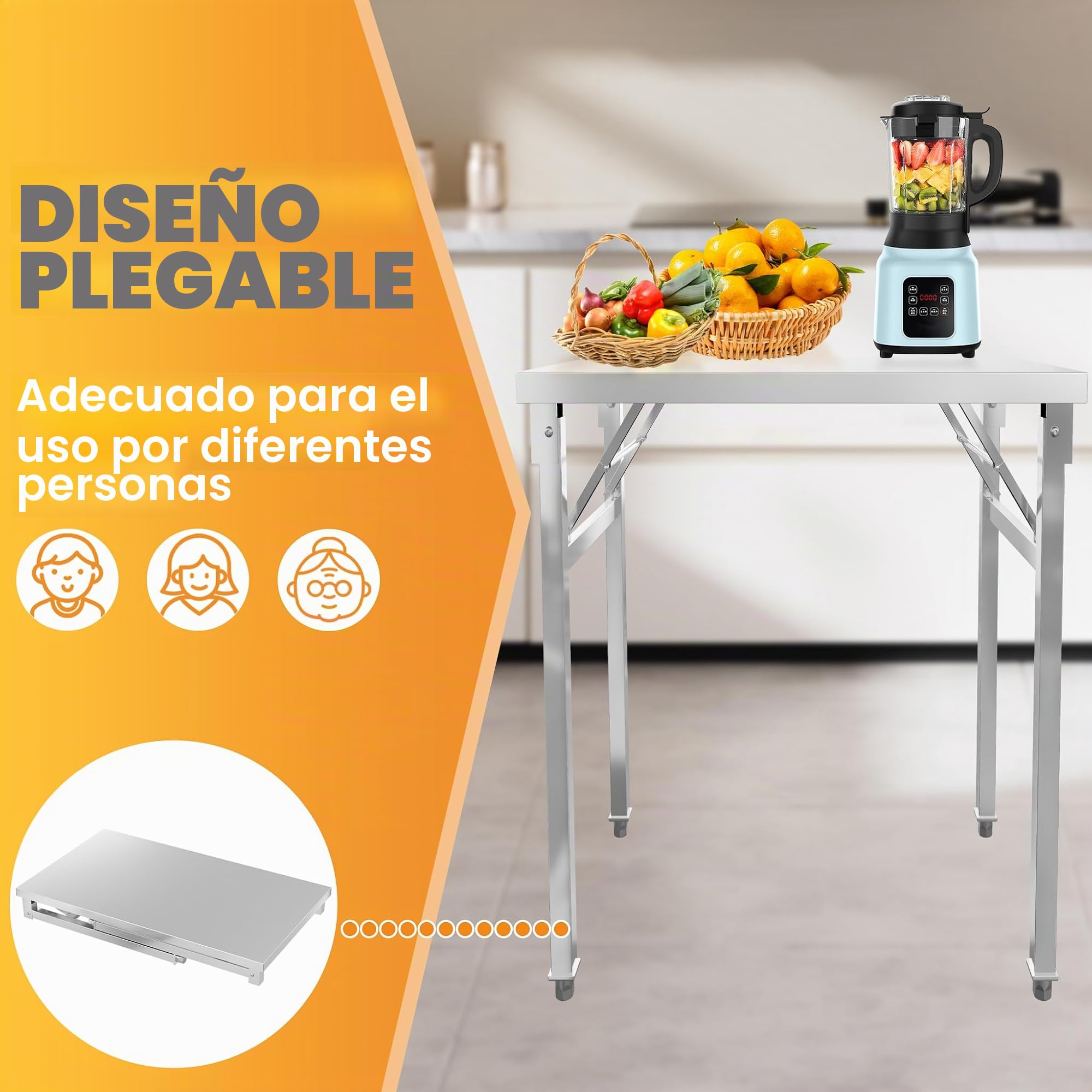 FIVMEN Mesa de trabajo plegable de acero inoxidable para cocina, bar, restaurante, hasta 300 kg, 100 x 60 x 85 cm