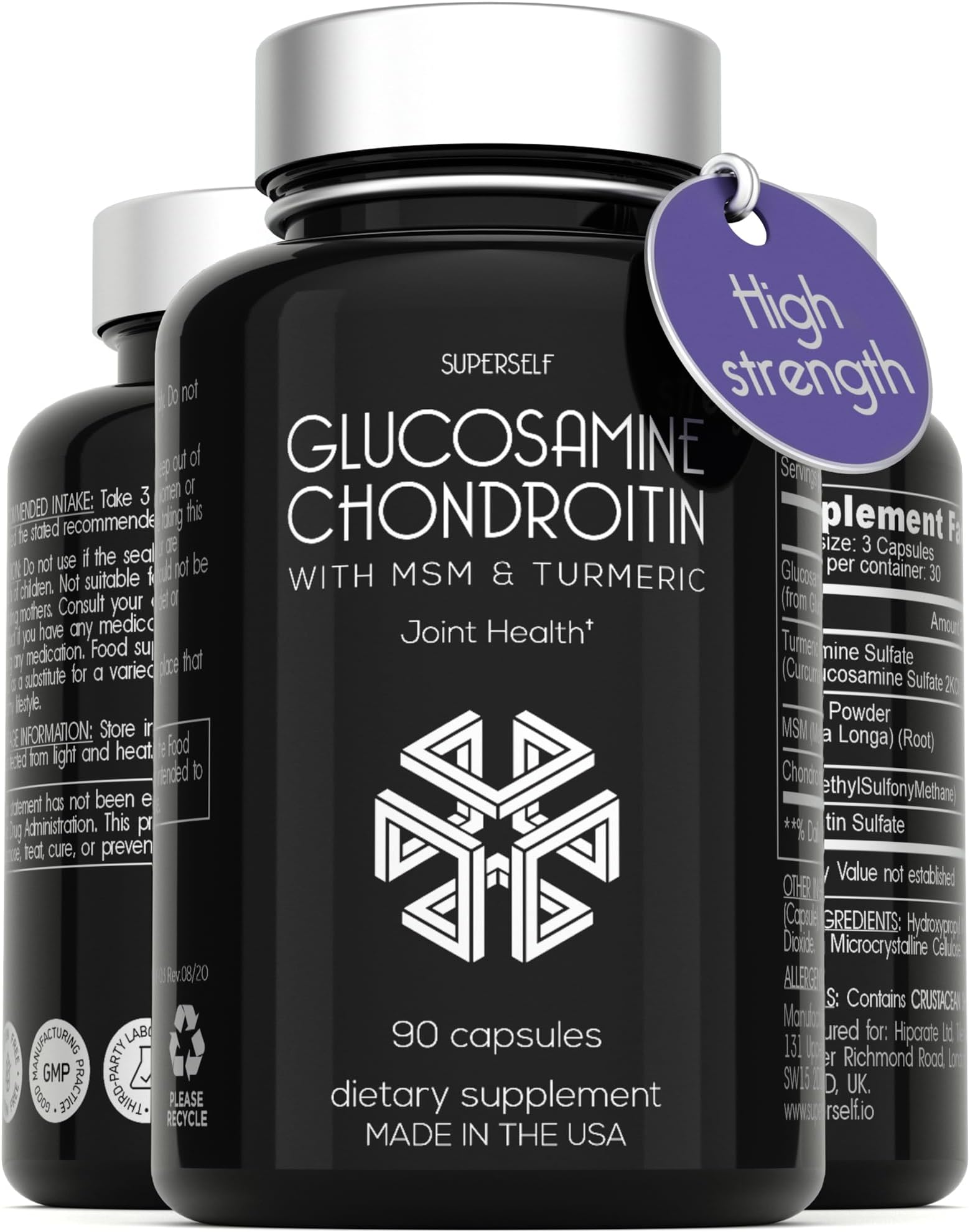 SuperSelf Glucosamine Chondroitin MSM with Turmeric - High Strength Joint Support Supplement for Adults Men & Women - 90 Capsules - 1500mg Glucosamine Sulfate per Serving