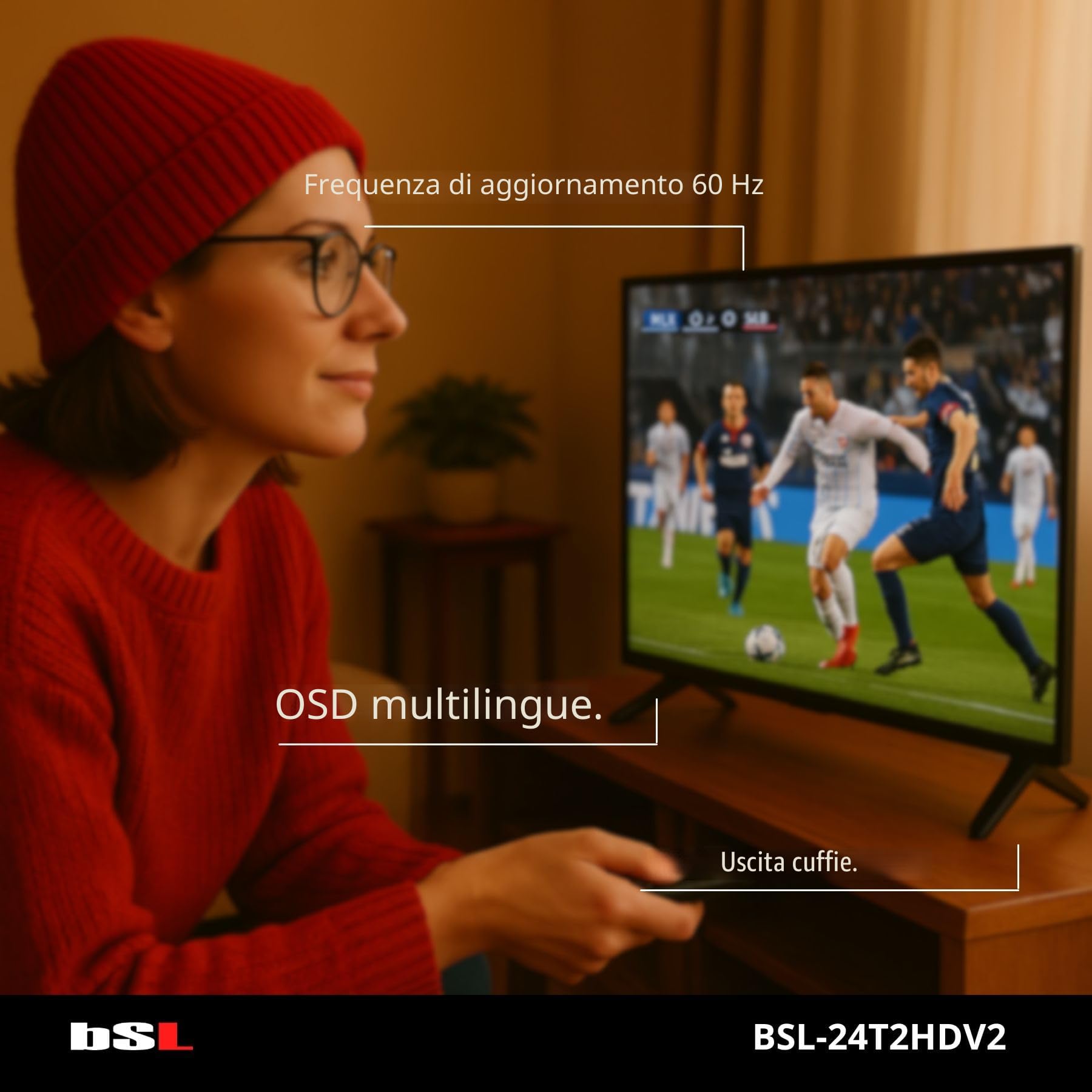 TV 24" BSL-24T2HDV2 TV LED HD 1366x768 | 60Hz | USB | DVBT2 HD H.265 | DVB-S2 | HDMI
