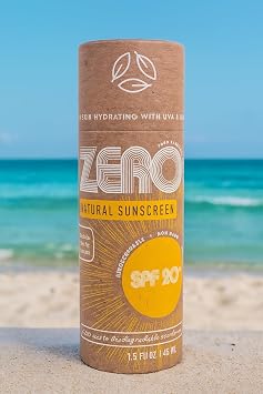 ZERO Waste 100% Plastic Free Natural Sunscreen Stick, SPF 20 Reef Safe and Kid Friendly, Water Resistant, Push Up Cardboard Tube, Sunblock Made From Beeswax, Shea Butter and Coconut Oil, 1.5 Oz