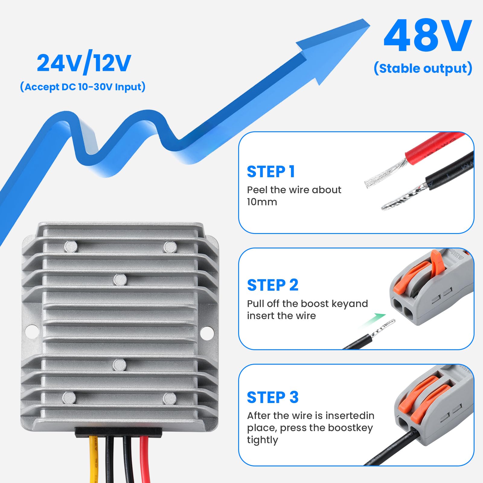 Convertidor de Voltaje DC/DC 12V a 48V 5A 240W Elevador de Tensión Impermeable IP67