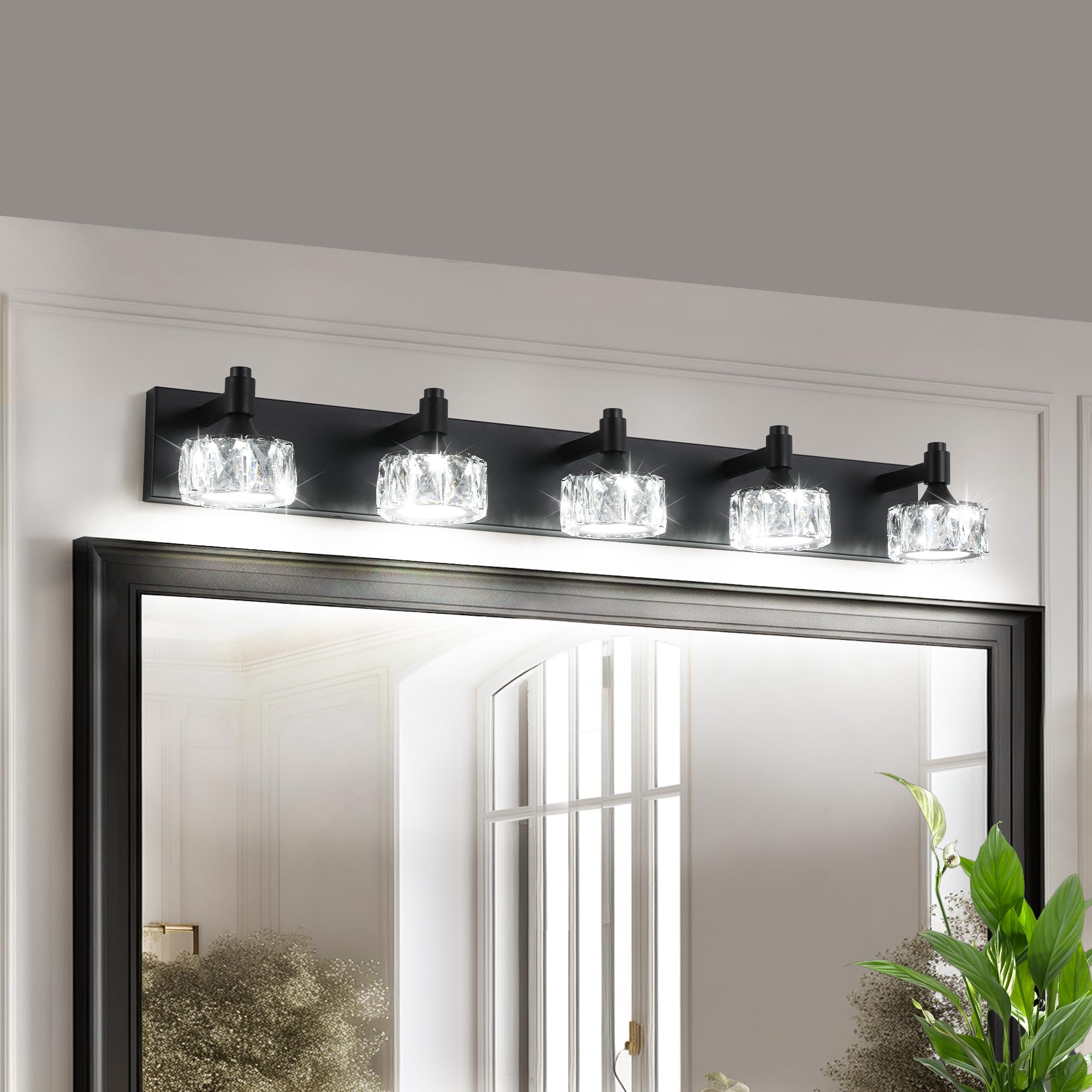 VDOQTLJT Modern 5-Light Matte Black LED Vanity Light Fixture with Crystal Glass Shades Wall Sconce for Bathroom and Dressing Room Decor