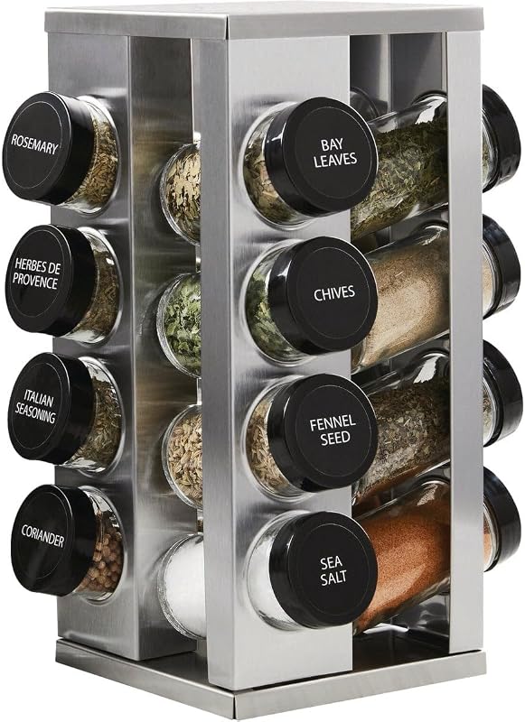 16 Jar Heritage Revolving Countertop Spice Rack Organizer with Spices Included, FREE Spice Refills for 5 years, Brushed Stainless Steel with Black Caps