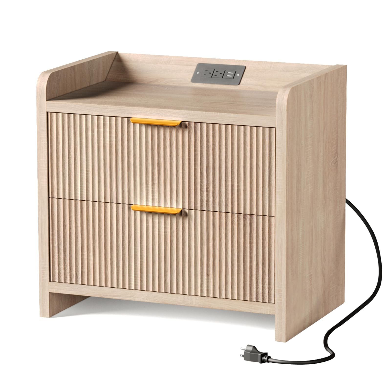SEPTBOT Fluted Nightstand with Charging Station, 23.6" Modern Night Stand with 2 Drawers, Side Table with Storage, Bedside Table for Bedroom, Living