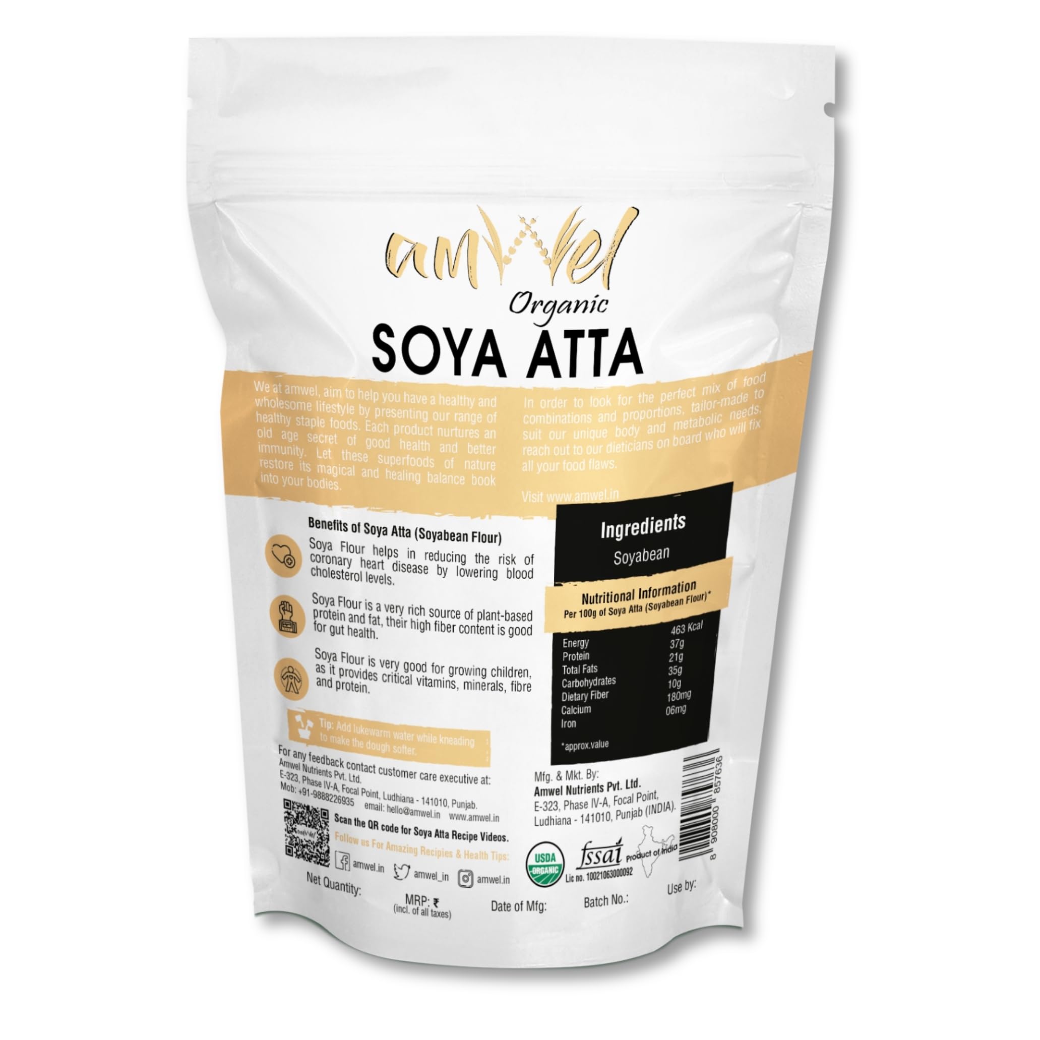 Amwel Combo of Oats Atta 450g + Soya Atta 450g | Oats Flour + Soyabean Flour | Diabetic Friendly Low GI Fiber Protein Atta for Chapati | Weight Management | For Good Health | 900g | Vacuum Packed - Image 8 thumbnail
