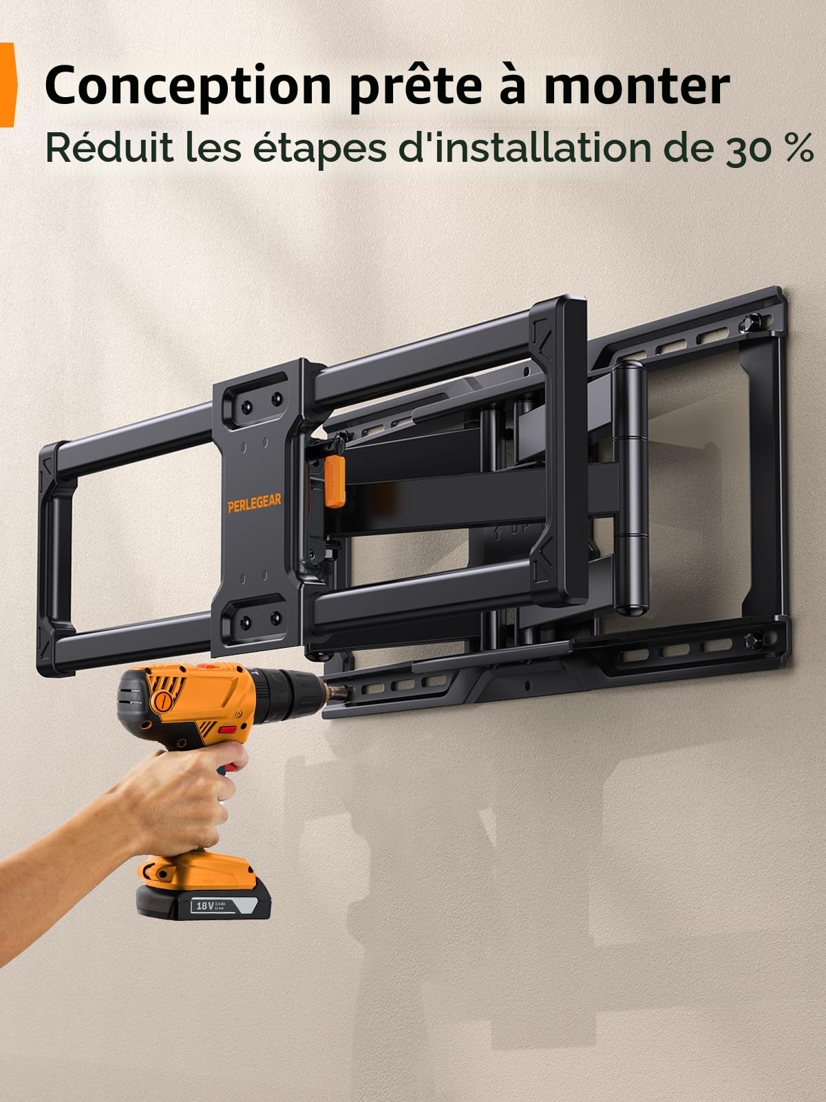 Perlegear Support Mural TV de 42 à 90 Pouce pesant jusqu'à 68KG, Support TV pré-assemblé avec Inclinaison sans Outil, Pivot, Extension, VESA Max de 600 x 400 mm