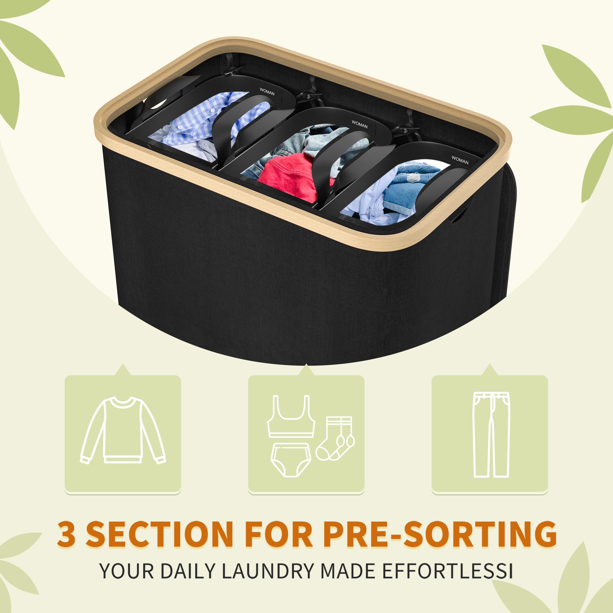 LARS360 Cesto de Ropa con 3 Compartimentos y Tapa, Contenedor Plegable de 140L para Clasificación de Ropa, Caja de Almacenaje (Color Negro)