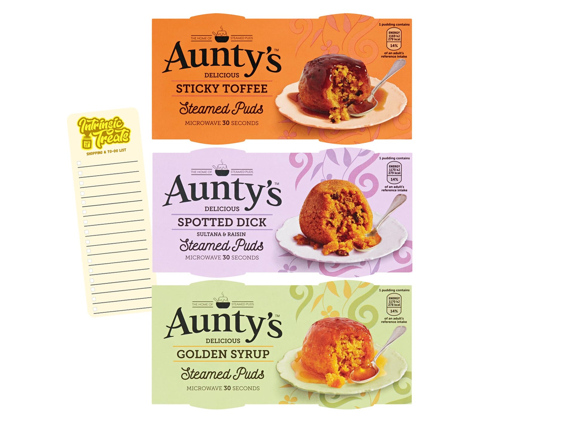 Steamed Pudding Bundle with Auntys Sticky Toffee, Spotted Dick and Golden Syrup Steamed Puddings (3 Twin Packs of 2 x 95g) with Intrinsic Treats Shopping List Card