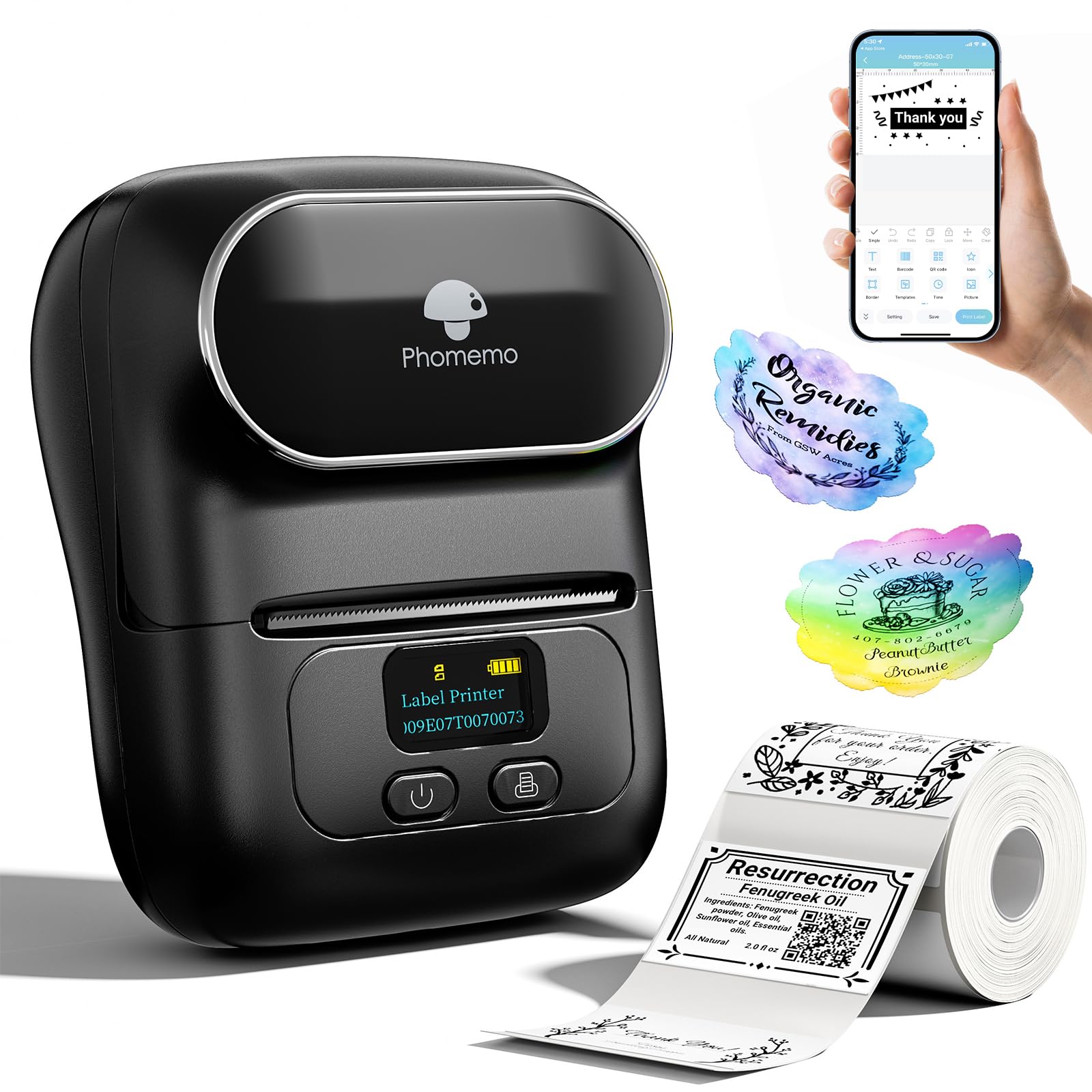 Phomemo M110 Label Maker Machine, Bluetooth Wireless Portable Sticker Label Maker for address, Barcode, Logo, Thermal label Printer Compatible with Android & iOS Phone,Black