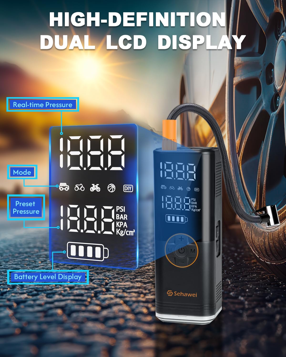 Sehawei Y11 Gonfleur Pneus Voiture,Compresseur à Air Portatif 150PSI avec écran LCD Numérique, 20000mAh Pompe a Velo Electrique pour SUV, Voiture, Moto, vélo, Balle