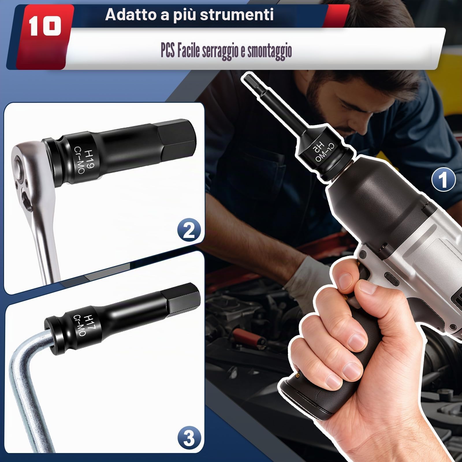 Set di 10 chiavi a brugola a esagono incassato 1/2", 1/2", 1/2", 1/2", esagonale, 5 – 19 mm