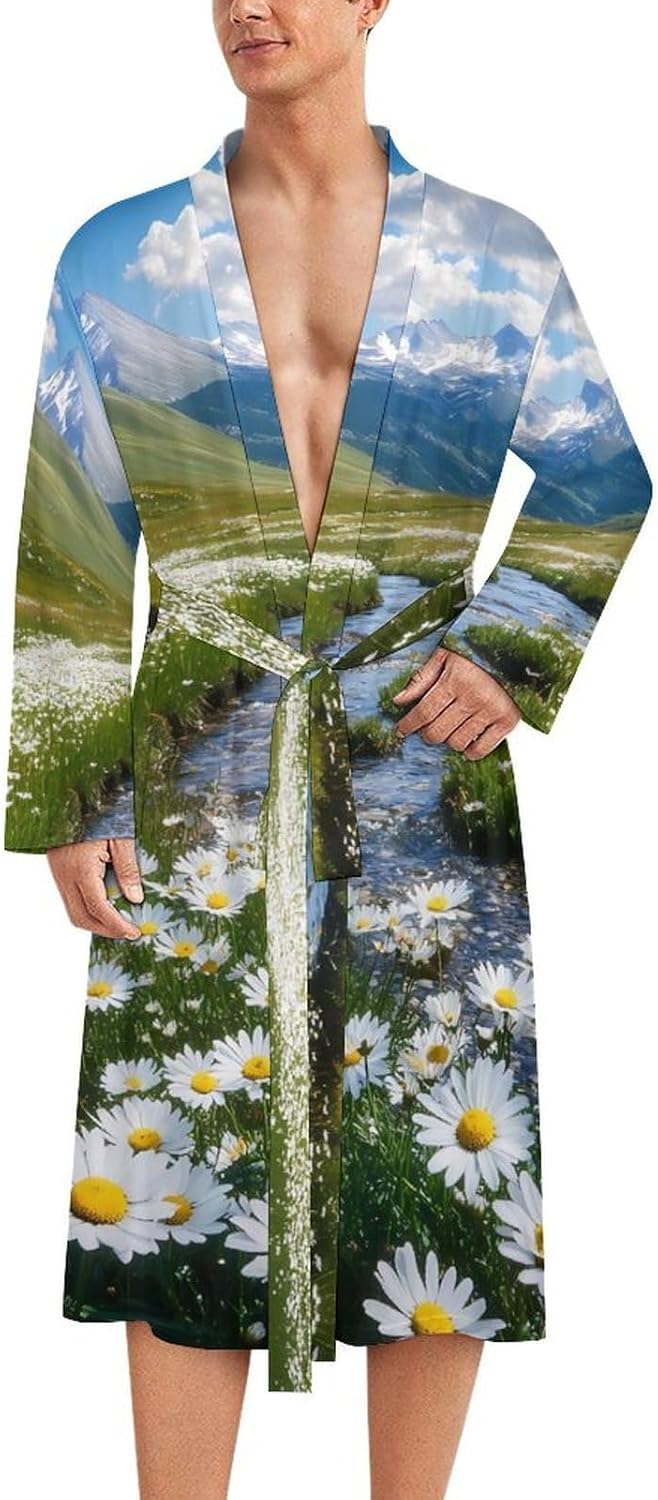Daisy Floral Men's Robe Soft Bathrobe V Neck Loungewear Sleepwear Nightgown Dressing Gown