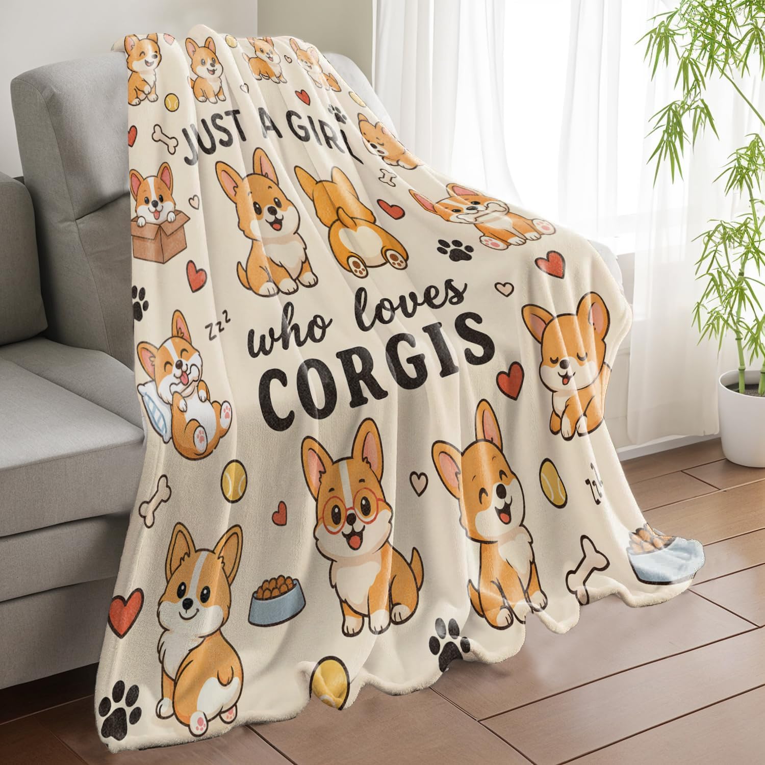 Cute Cartoon Corgi Throw Blanket, Funny Dog and Bone Flannel Blankets Gifts for Boys Girls Women and Pet Lovers, Home Decor Throws for Couch Bed Camping Travel Living Room Bedroom, 50x60 Inch