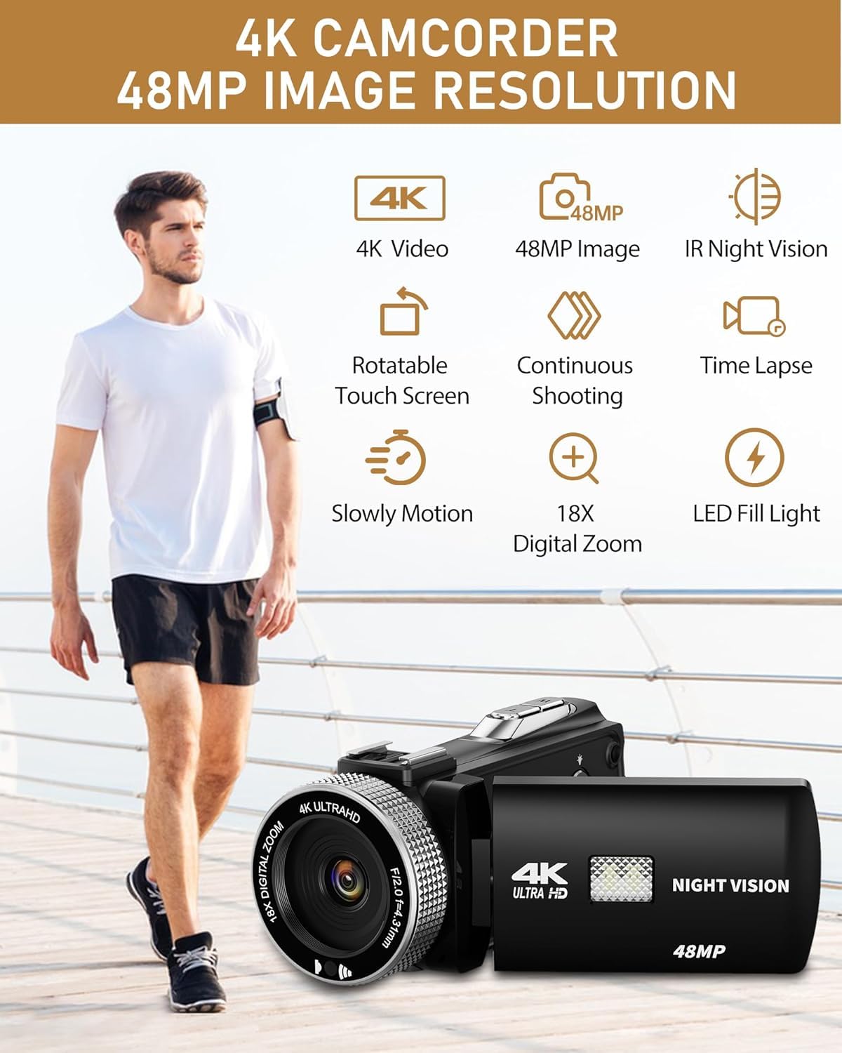 Videocamera 4K 48MP con Visione Notturna IR, Zoom Digitale 18X 3.0'' Rotazione 270° Touchscreen Vlogging Camera per YouTube, Camcorder con Telecomando, Microfono, Scheda TF da 32 GB, 2 Batterie