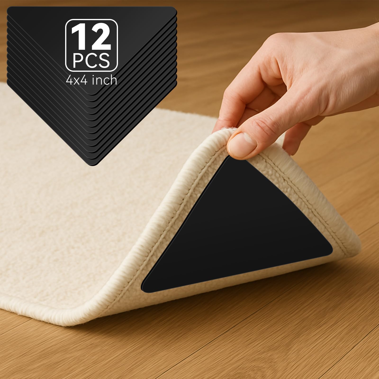 Lot de 12 rubans adhésifs antidérapants pour tapis en bois dur et carrelage, réutilisables pour tapis, autocollants double face pour garder les coins plats