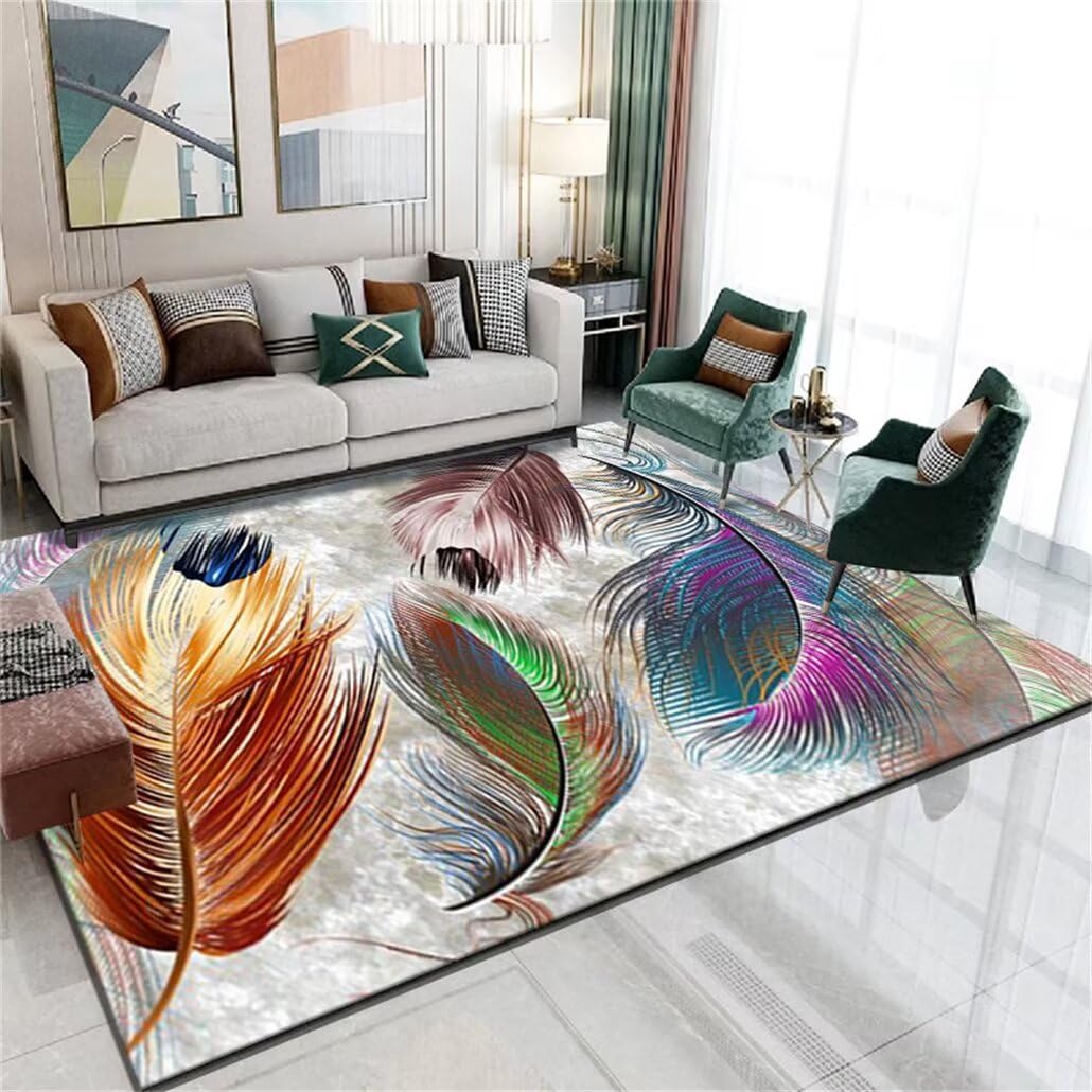 Tapis pas cher tapis de salon lavable grand format 250x300cm motif plumes enfant