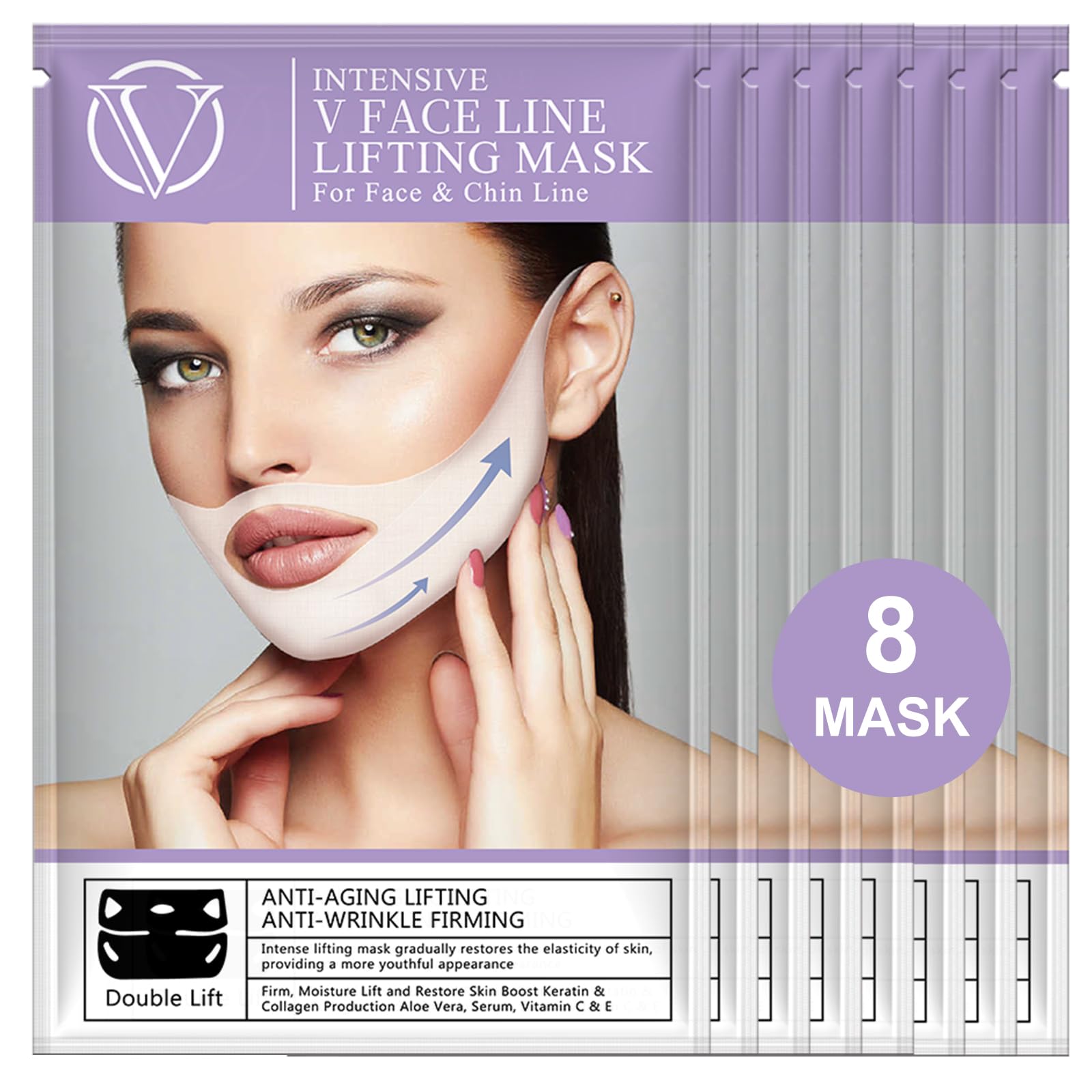 V Line Lifting Mask Collagen for face 8 PCS, Chin Mask Strap For face and Jawline, Improves Double-chin, Jawline, Wrinkles and Neck Lines, Deep