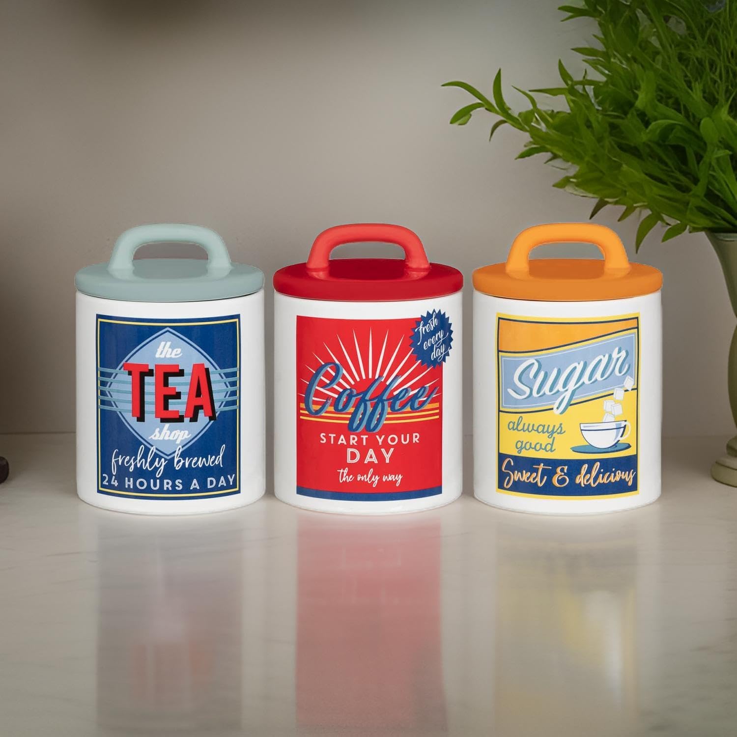 Dylex 3 Ceramic Jars,Tea Coffee Sugar Shop Canisters Retro 50's 60's Style