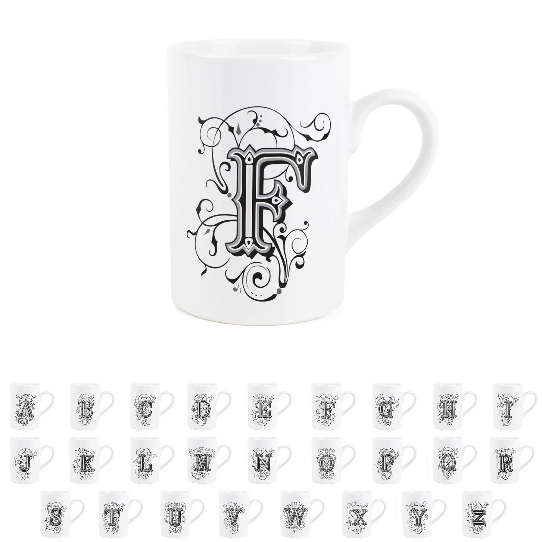 Gothic Letter F Mug - Black & White Swirly Personalised Initial/Alphabet Gift - Tea Coffee Hot Drinks Ceramic Mug Present