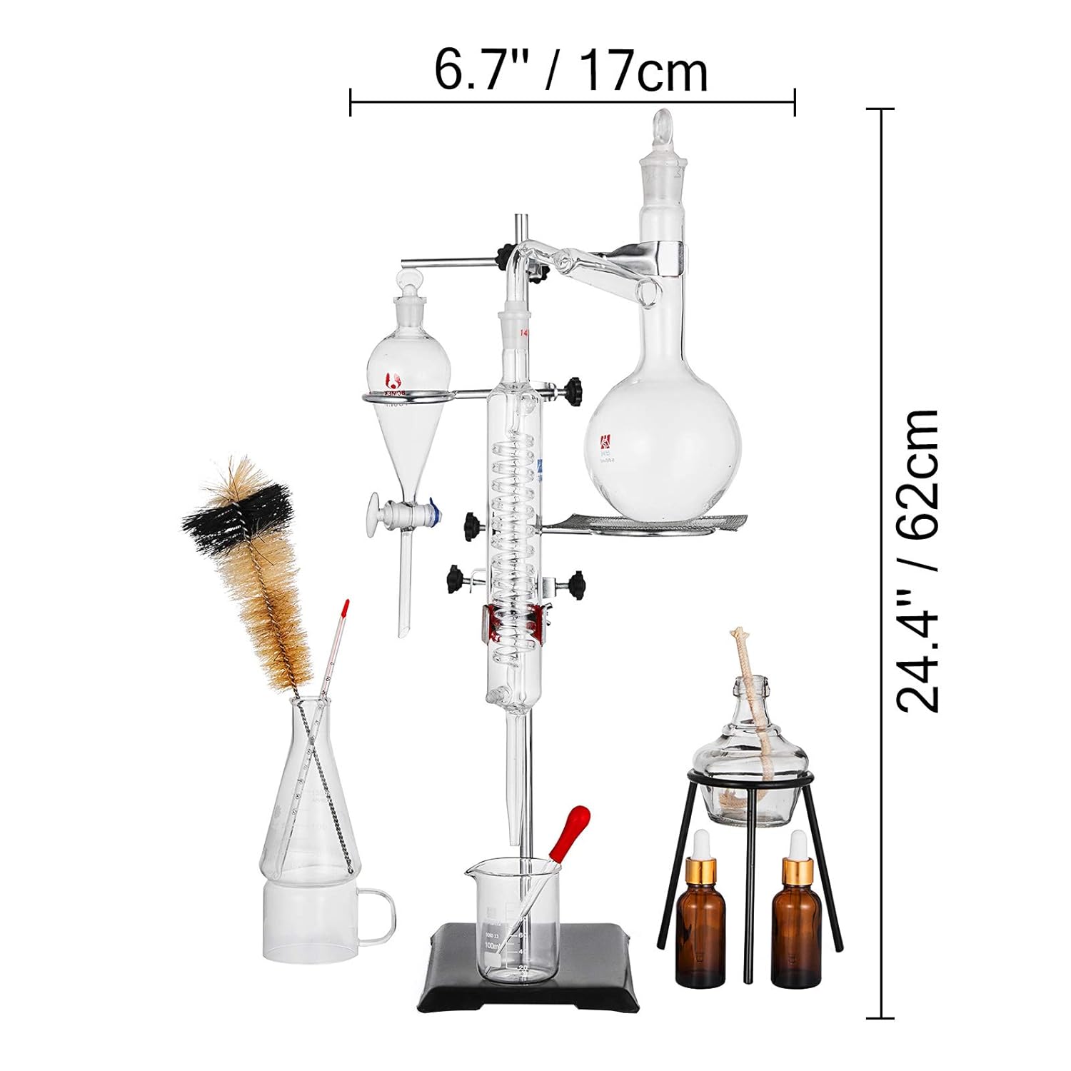 VEVOR Distillation Apparatus 500ML Lab Glassware Kit Glass Distilling for Pure Water Oil Essential Distillation with Condenser Pipe Flask(500ML,24/29): Industrial & Scientific