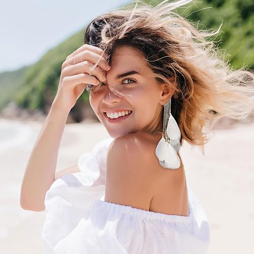 Miniatura 3 de Aretes de plumas sintéticas para mujer, aretes largos de borla bohemia, aretes de plumas para mujer, aretes colgantes de plumas blancas, regalo de