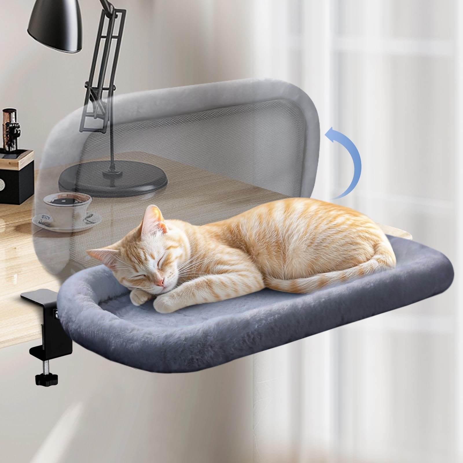 IPOW Heavy Duty Steel Frame Supports up to 50lbs Cat Desk Bed Space-Saving 90°Foldable with Soft Ultra-Plush Faux Fur for Small Medium Large Cats