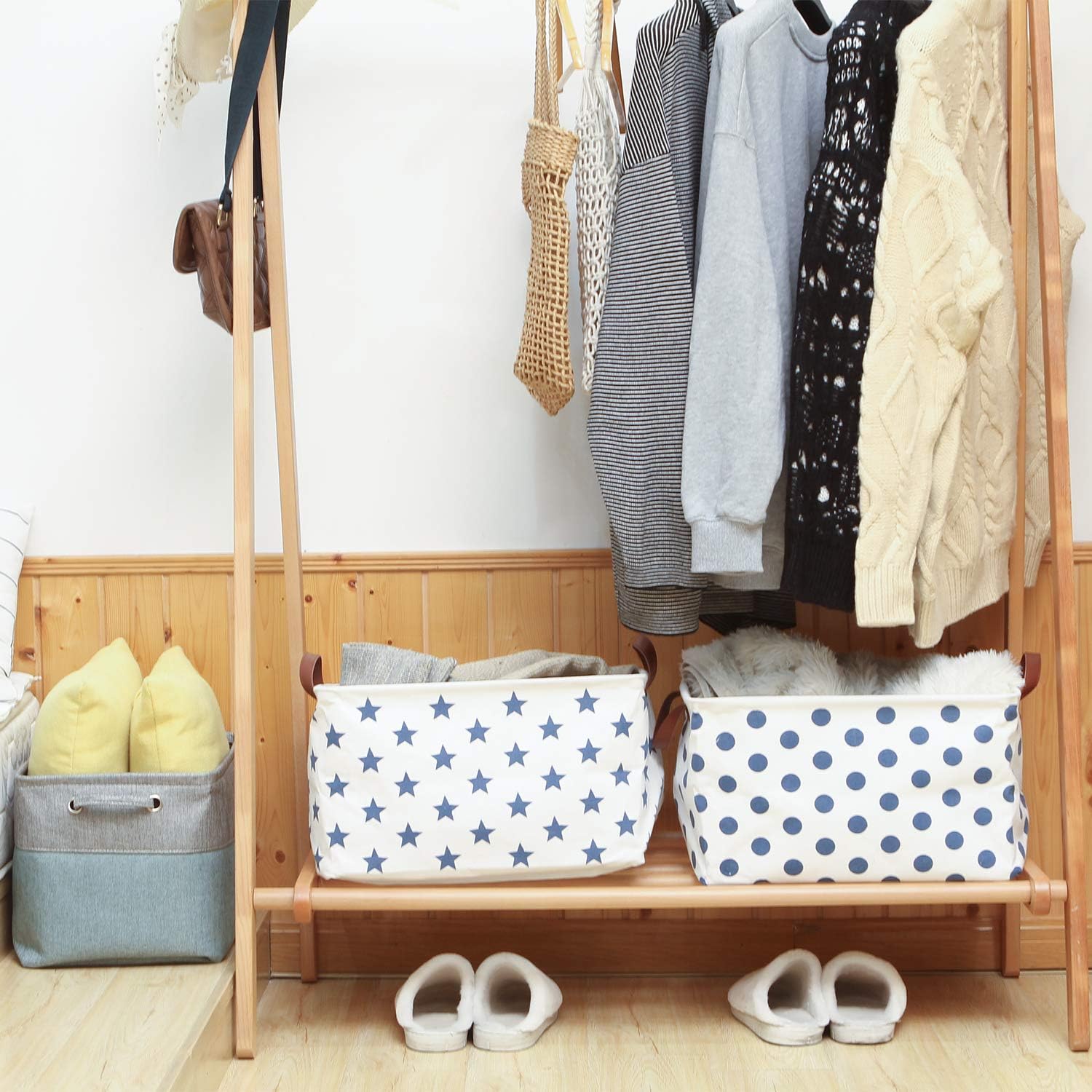 Sea Team Collapsible Rectangular Canvas Fabric Storage Bin Shelf Basket Organizer with PU Leather Handles and Drawstring Closure, 16.5 x 11.8 x 9.8 inches, Waterproof Inner Layer, Blue Star