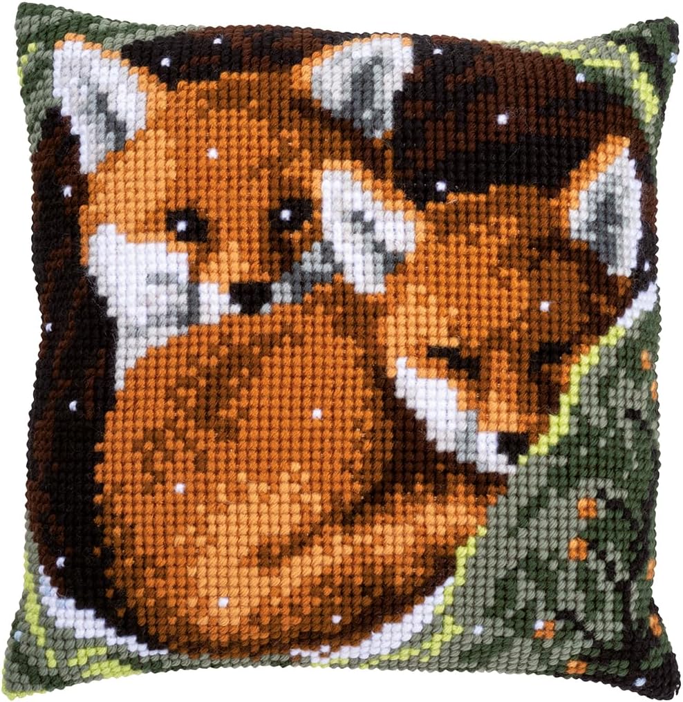 Vervaco Cross Stitch Embroidery Kits Pillow Front for Self-Embroidery with Embroidery Pattern on 100% Cotton and Embroidery Thread, 15,75 x 15,75 Inches - 40 x 40 cm, Foxes