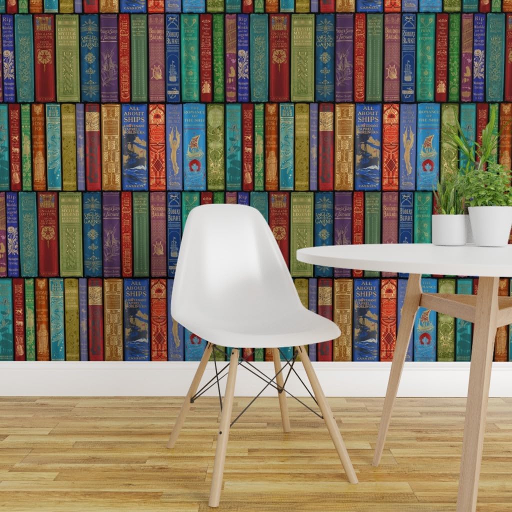 Removable Wallpaper 3ft x 2ft - Library Bright Books Shelves Antique Vintage English Rainbow Custom Pre-Pasted Wallpaper by Spoonflower