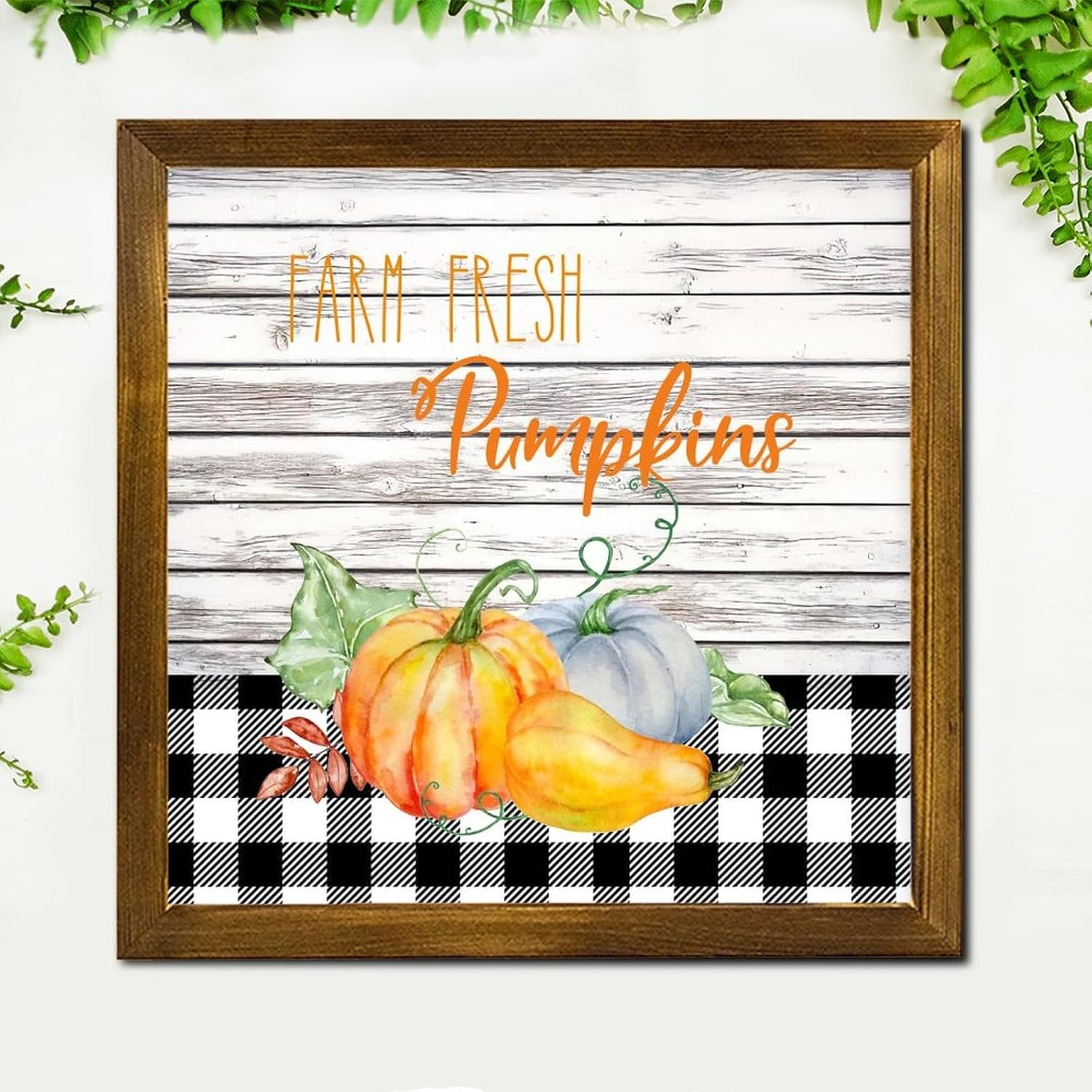 Farm Fresh Pumpkin Framed Wood Signs Thanksgiving Sunflower Buffalo Plaid Wooden Wall Sign Vintage Farm Harvest Wall Decor Hanging Plaque Sign for Home Kitchen Living Room Kitchen 12x12 inch