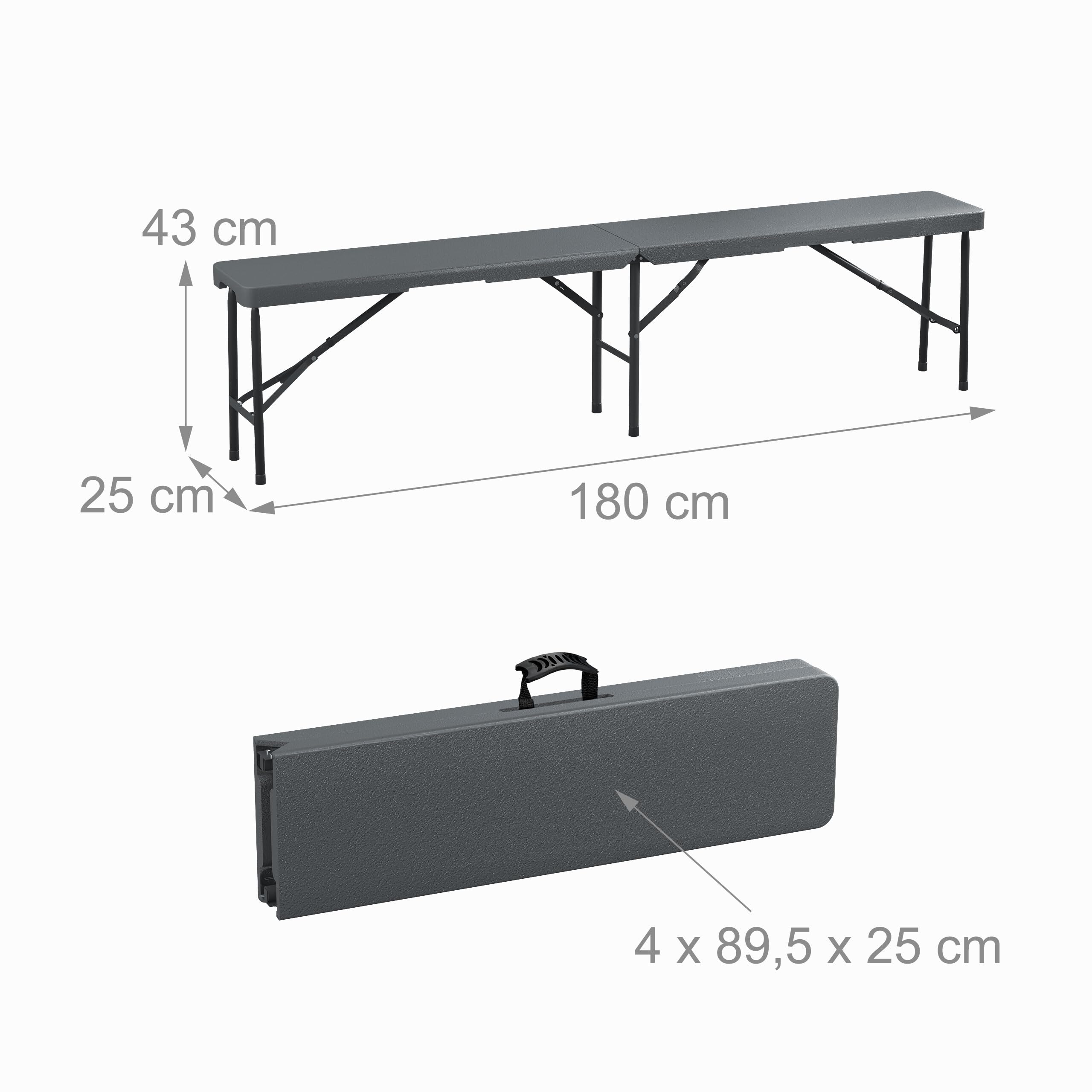 Relaxdays Juego 2 Bancos de Jardín, Plegables, Plástico, Acero, Asiento Camping, Balcón, 43x180x25 cm, Gris