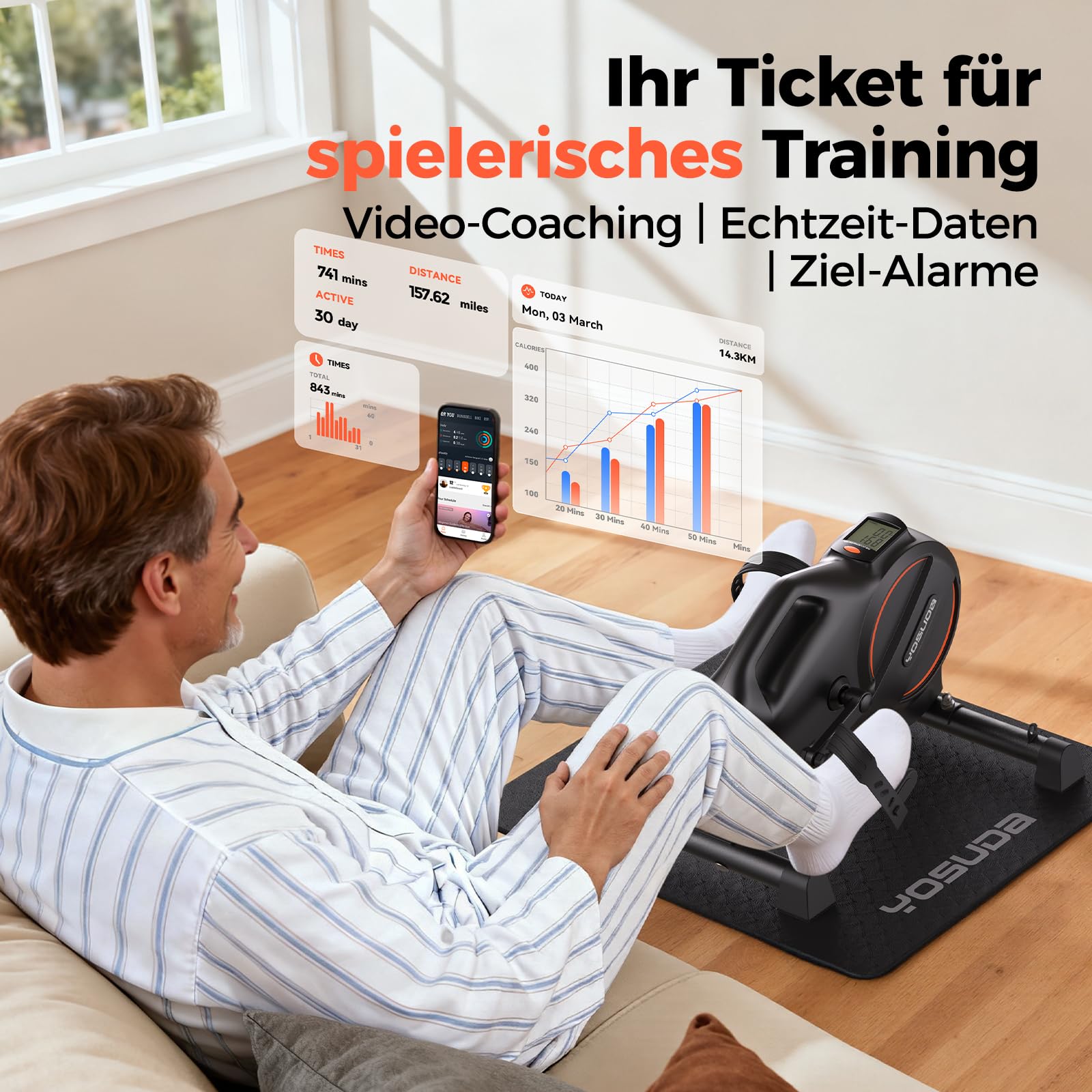 YOSUDA Pedaltrainer Mini Heimtrainer mit 2 Widerstandsbändern, Rutschfester Matte, 16-stufiger Einstellbarer Widerstand