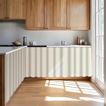 Under Sink Curtain for Closet, Privacy Short Cabinet Curtain Self Stick Adhesive Desk Skirt for Kitchen Classroom, Beige, 47" W x 28" L