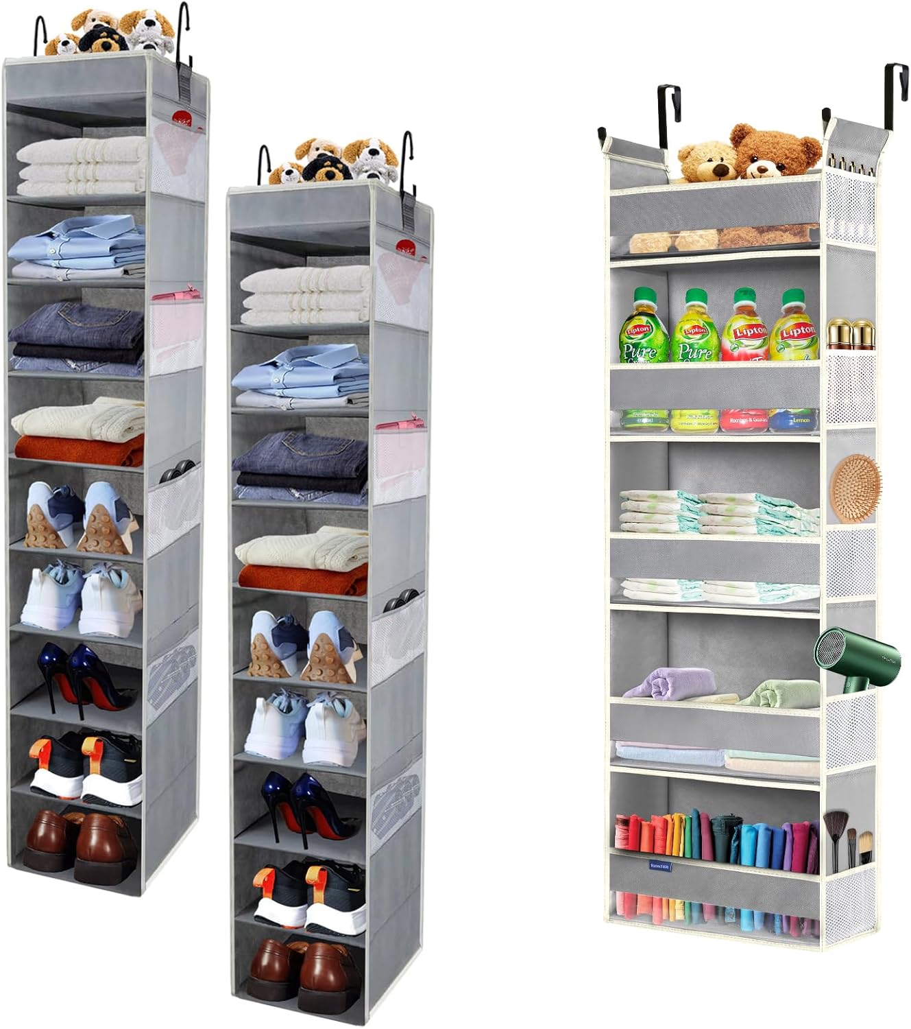 Hanging Shoe Organizer 10-Shelves 2-Pack Grey + Over The Door Hanging Organizer 5-Shelves Grey