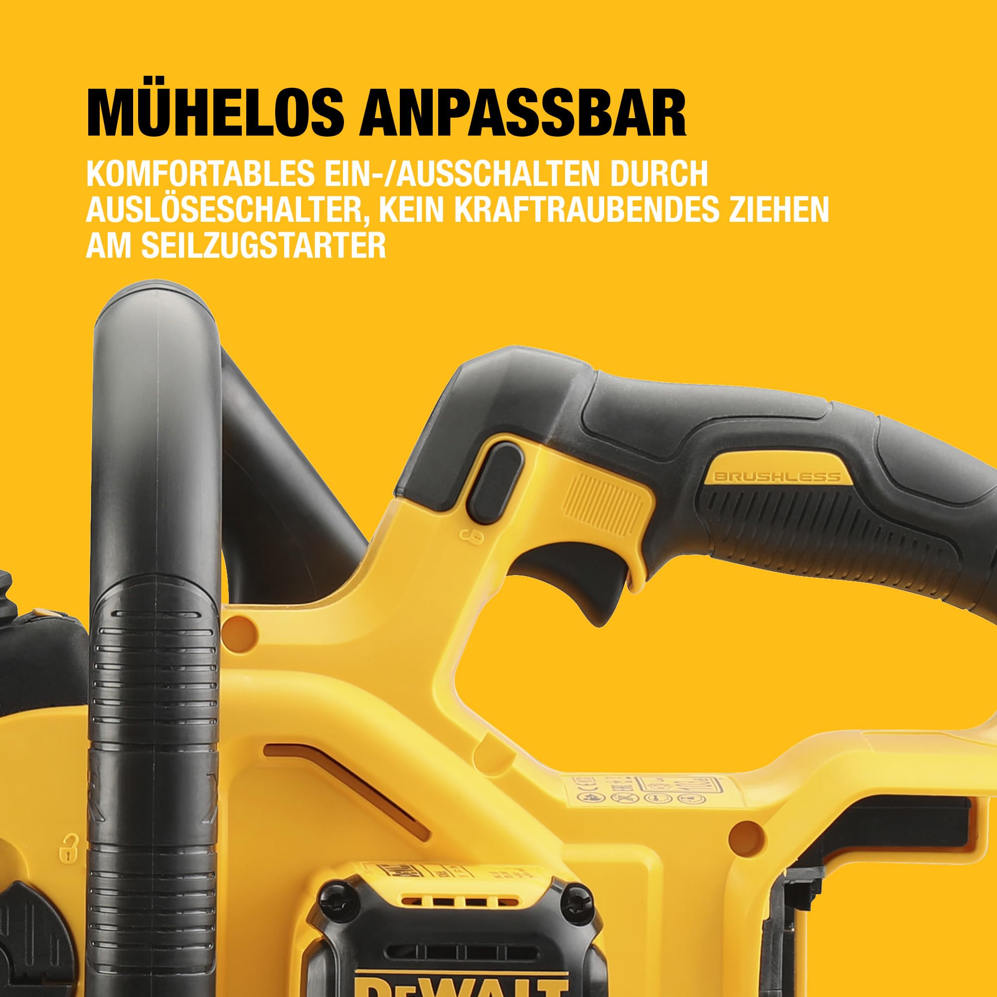 DEWALT 18 Volt Akku-Kettensäge (30 cm Schwert, bürstenloser Motor, werkzeuglose Kettenspannung, automatische Kettenschmierung, Kettenbremse, Lieferung ohne Akku und Ladegerät), DCM565N-XJ