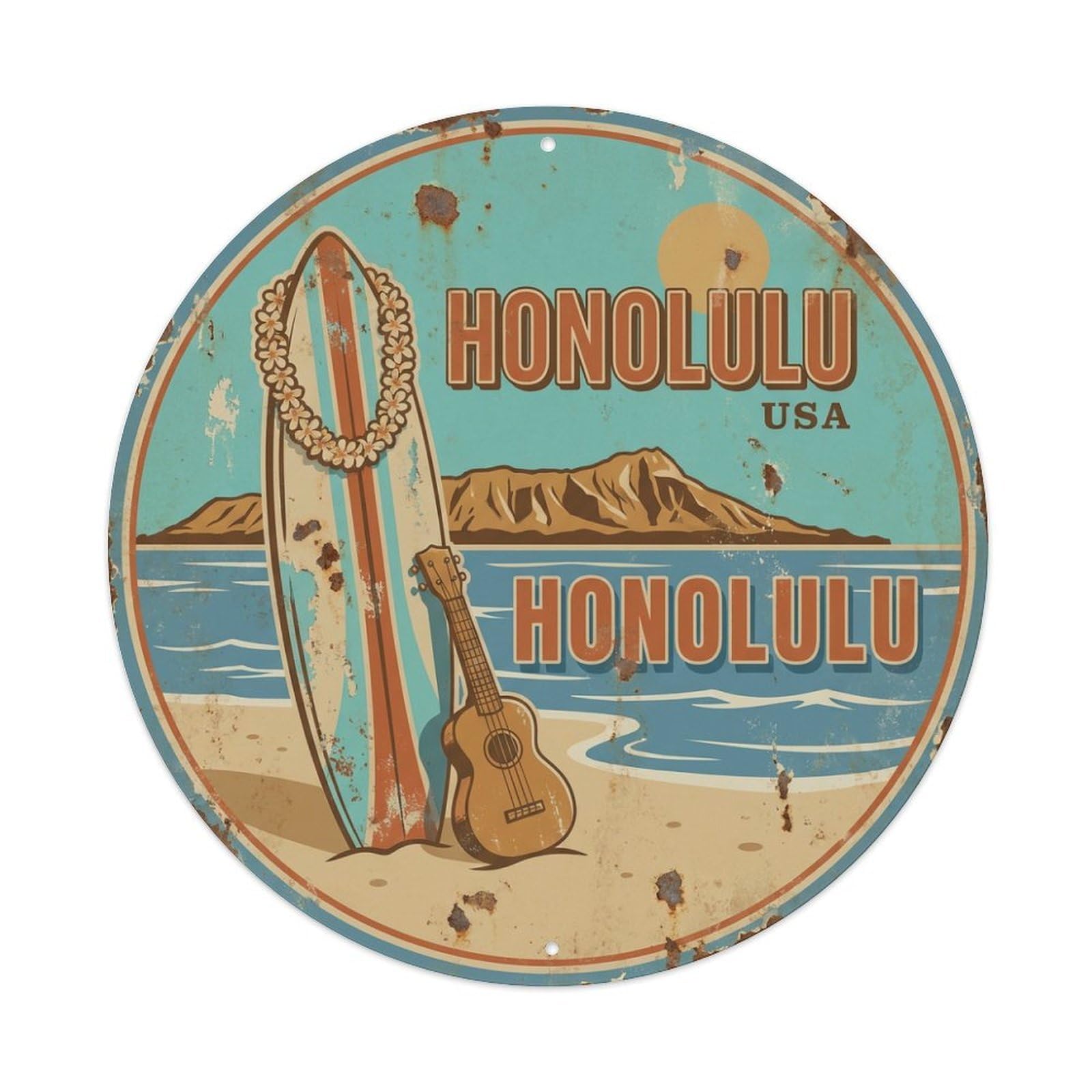 Vintage Travel Honolulu Hawaii Surfing Metal Tin Sign