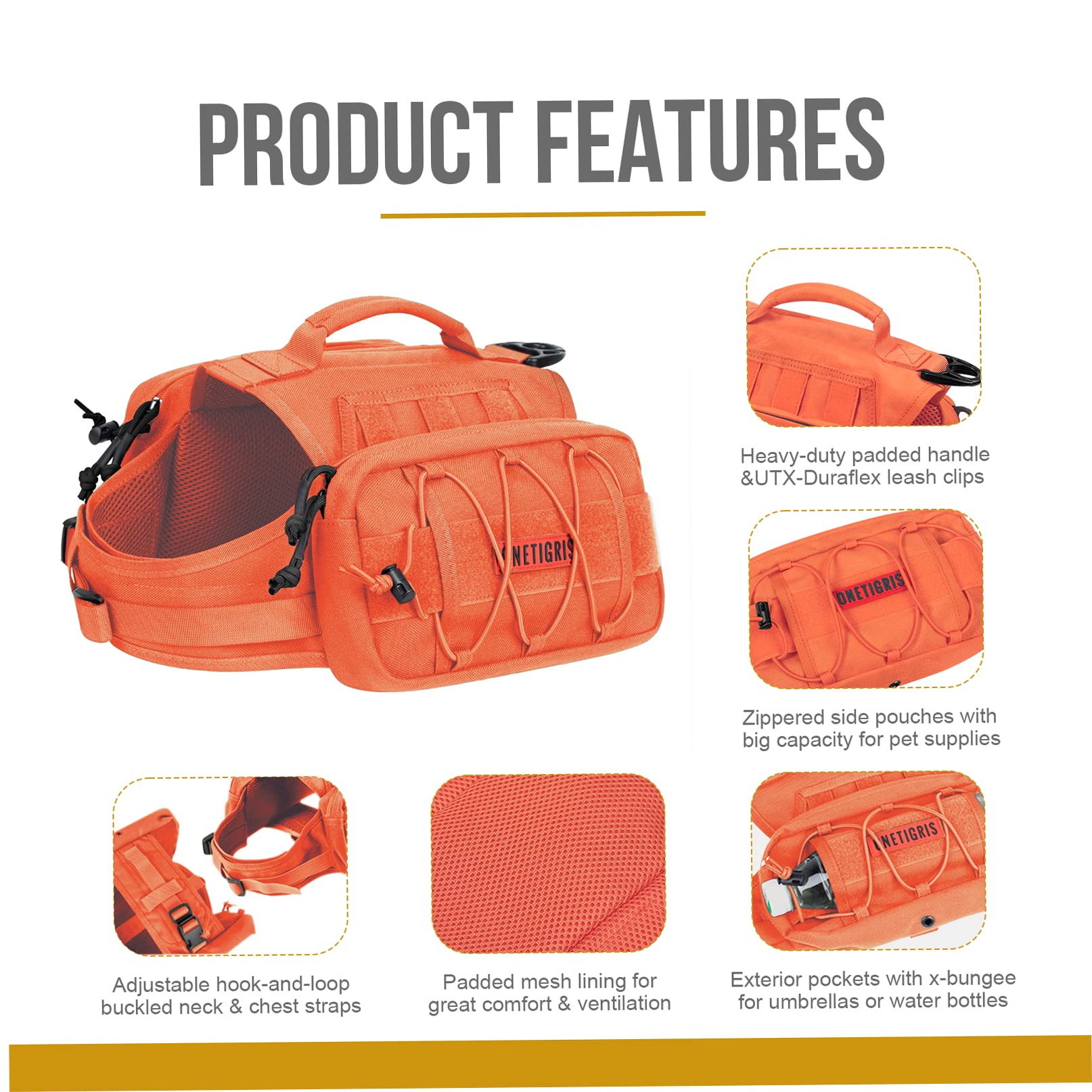 OneTigris Mammoth - Sac à dos pour chien, version 2.0, pour chiens de taille M/L (L, orange)