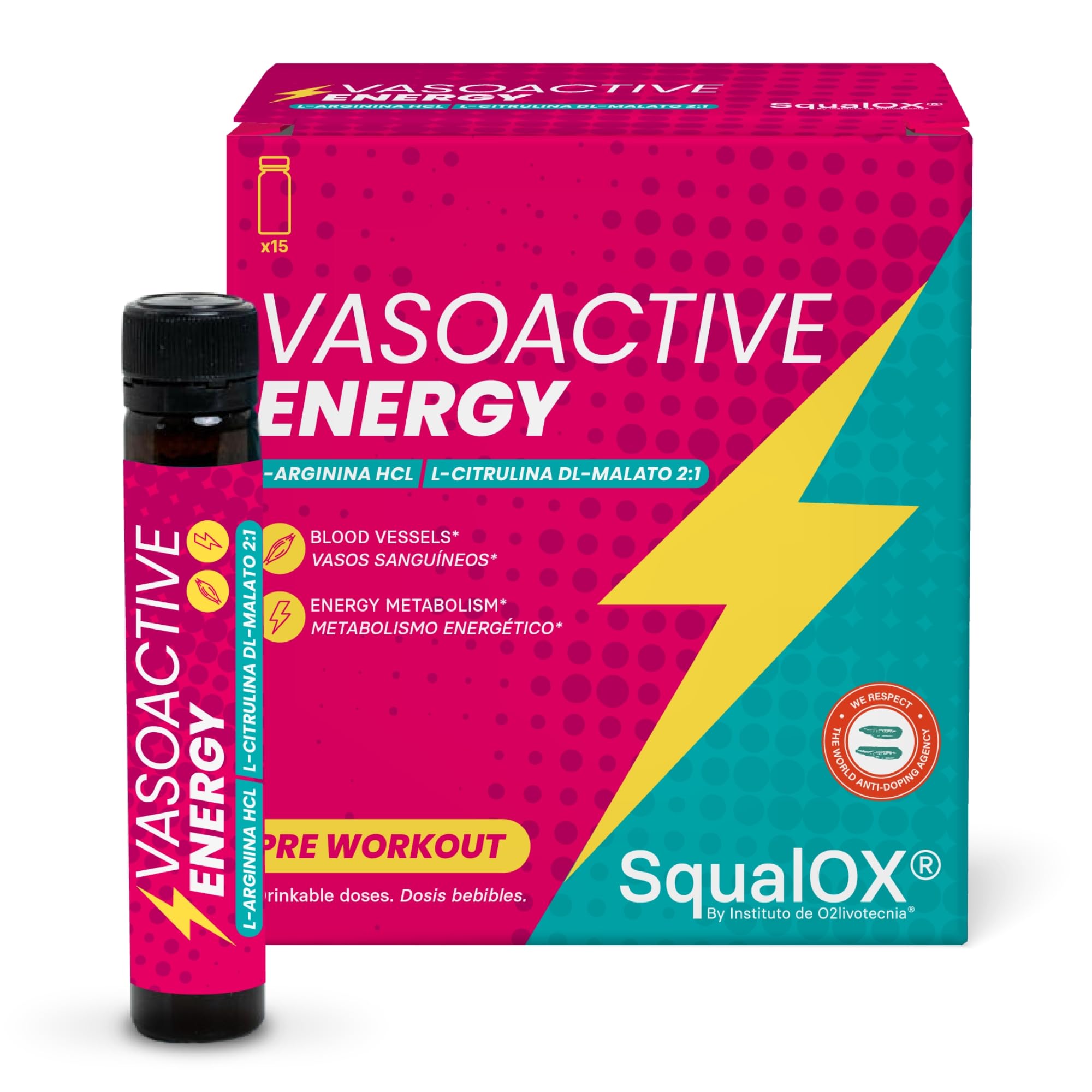 VasoActive Energy - SqualOX® | L-Arginina HCL 5000 mg + Citrulina Malato 2:1 5000 mg por dosis | Vasodilatador Energético | Pre-entreno líquido con Vitamina C y Espino Blanco