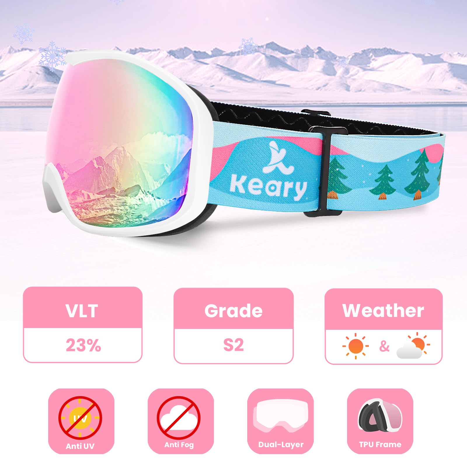 Keary Lunettes de ski pour enfants de 3 à 14 ans, lunettes de neige avec protection UV à 100 %, anti-buée