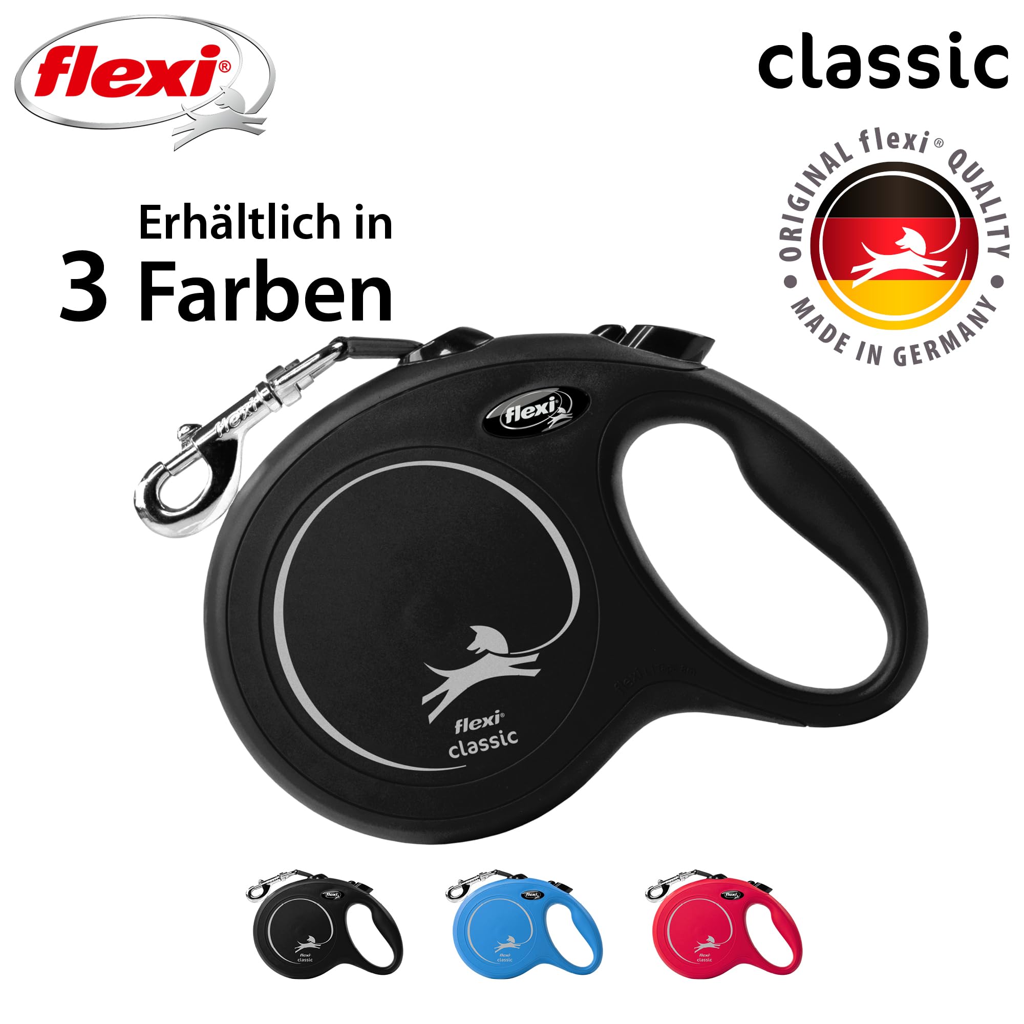 flexi® Classic L | 8m Gurt Roll-Leine für Hunde bis 50 kg | Schwarz | ausziehbare Hundeleine | Gewicht 534.3 gr | Maße 14.7 x 20.9 cm