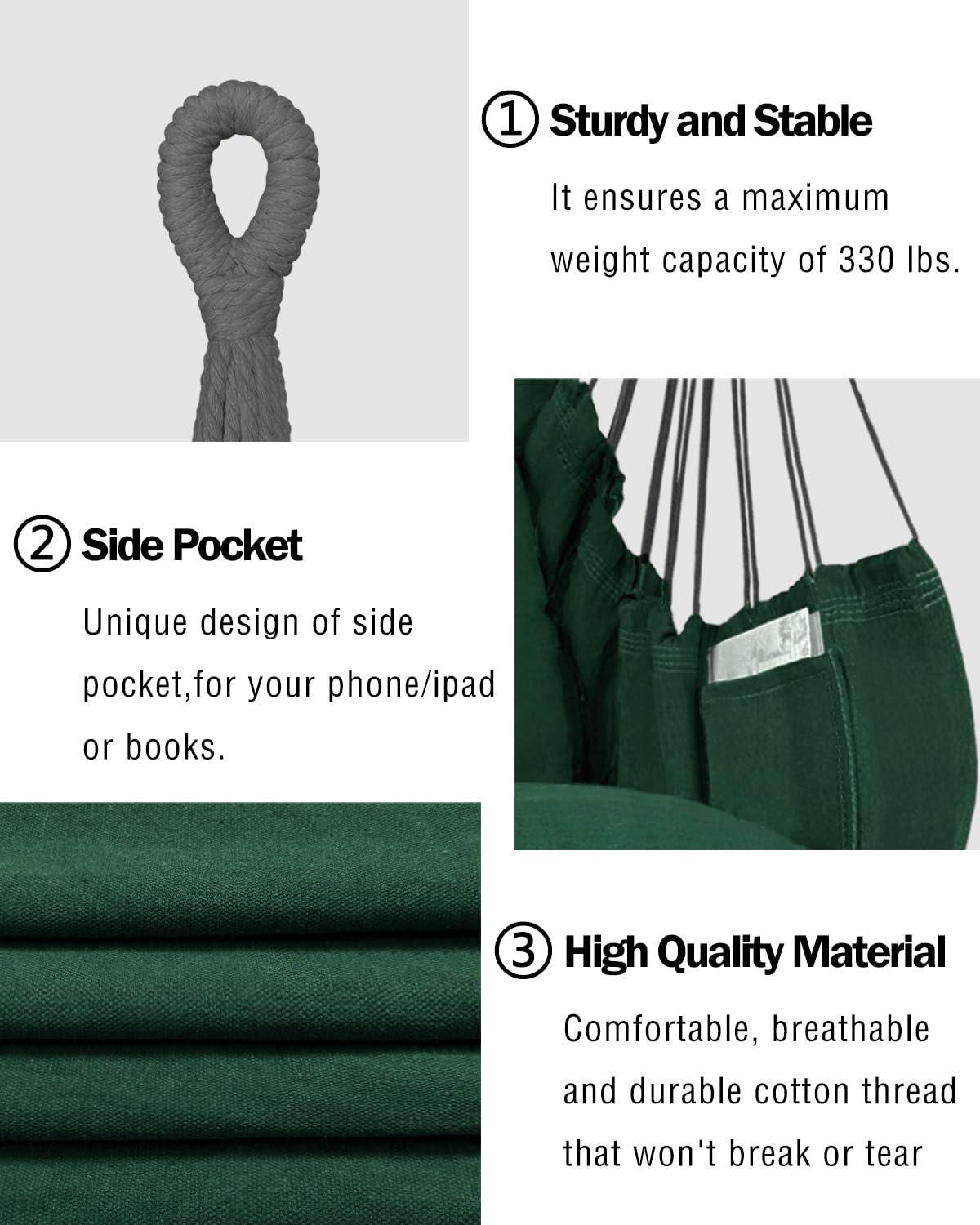 Hamaca colgante hamaca silla columpio de cuerda 2 cojines incluidos, hamaca resistente y duradera de algodón suave tejida a mano para dormitorio, porche, patio, interior/exterior 3